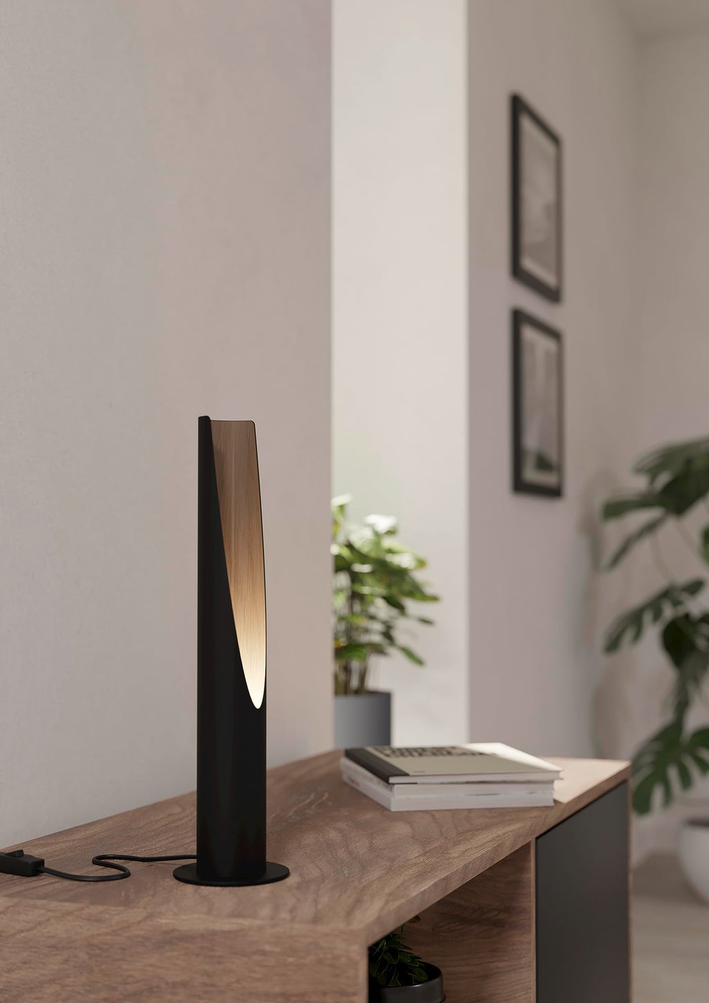 Eglo Barbotto Table Lamp – Black Metal & Oak Wood Bedside Light, 40cm