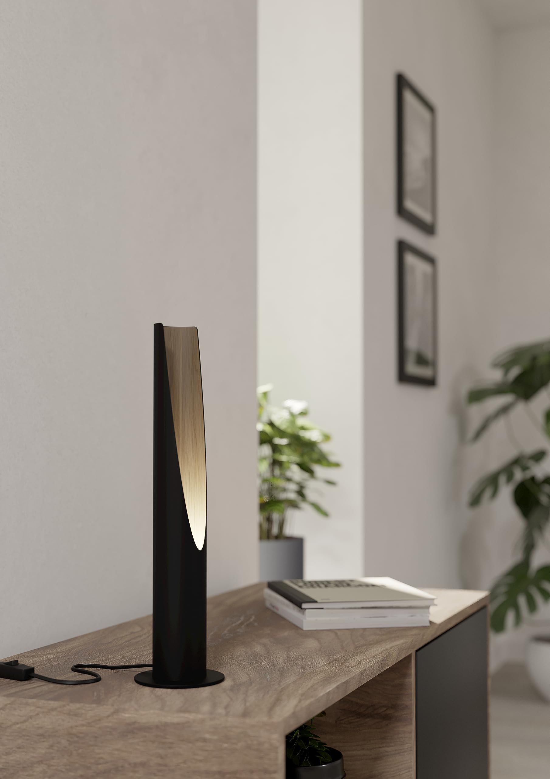 Eglo Barbotto Table Lamp – Black Metal & Oak Wood Bedside Light, 40cm