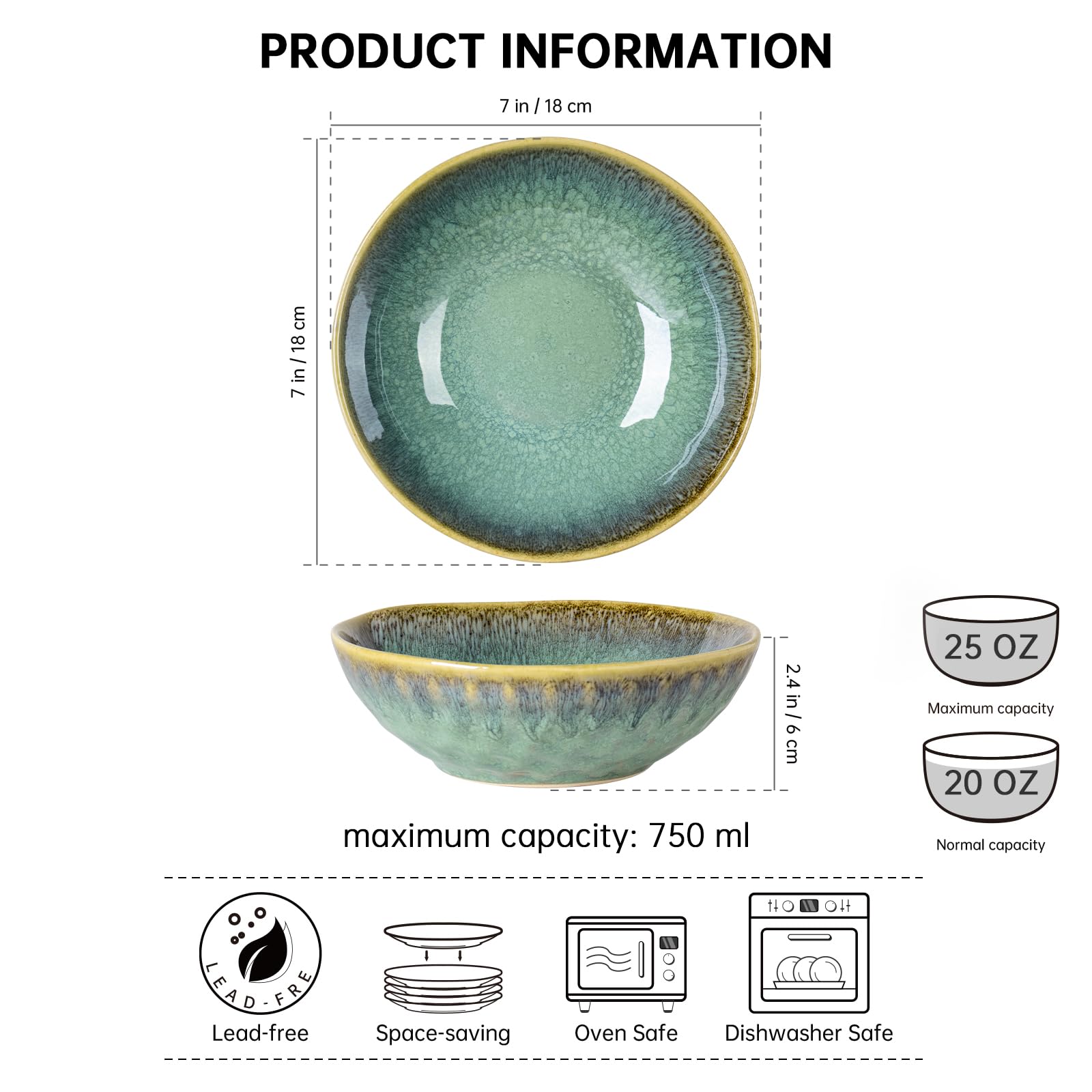 Henten Home Ceramic Cereal Bowls – 25oz Retro Green Stoneware Set of 4
