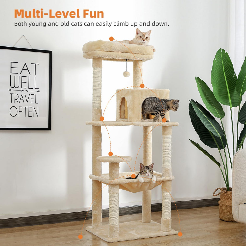 PAWZ Road 56.3" Large Cat Tree Tower with Hammock and Condo – Beige