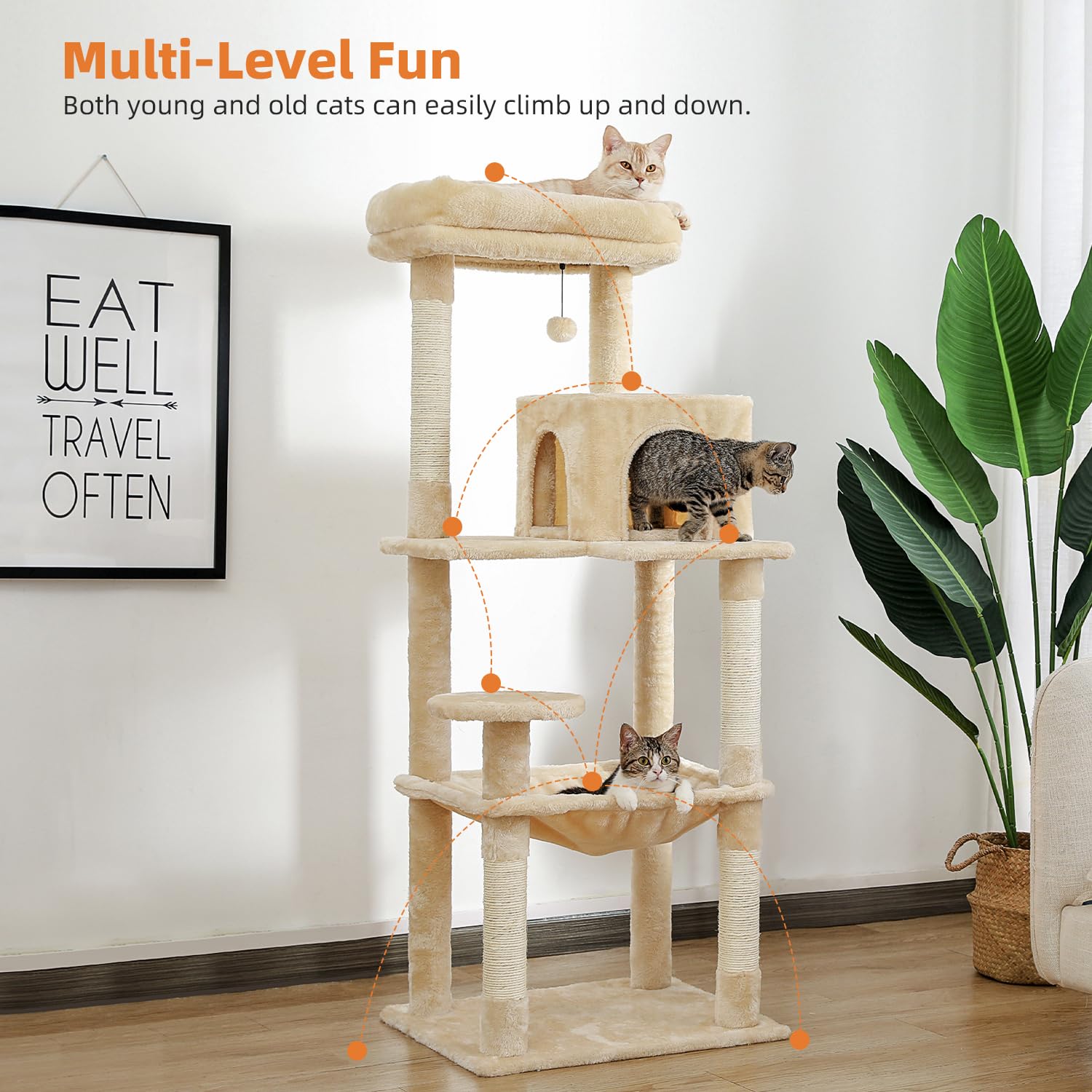 PAWZ Road 56.3" Large Cat Tree Tower with Hammock and Condo – Beige