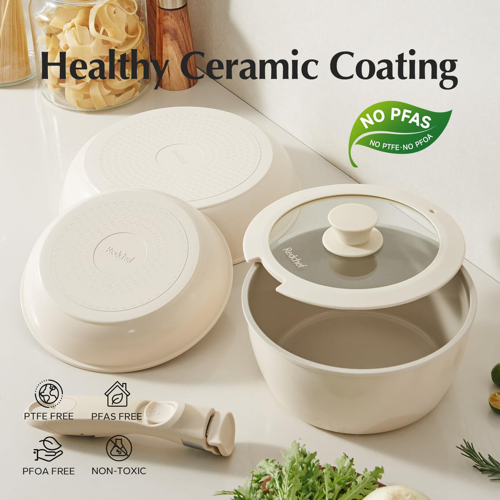 Redchef Ceramic Cookware Set | Nonstick Stackable Pots and Pans – Beige