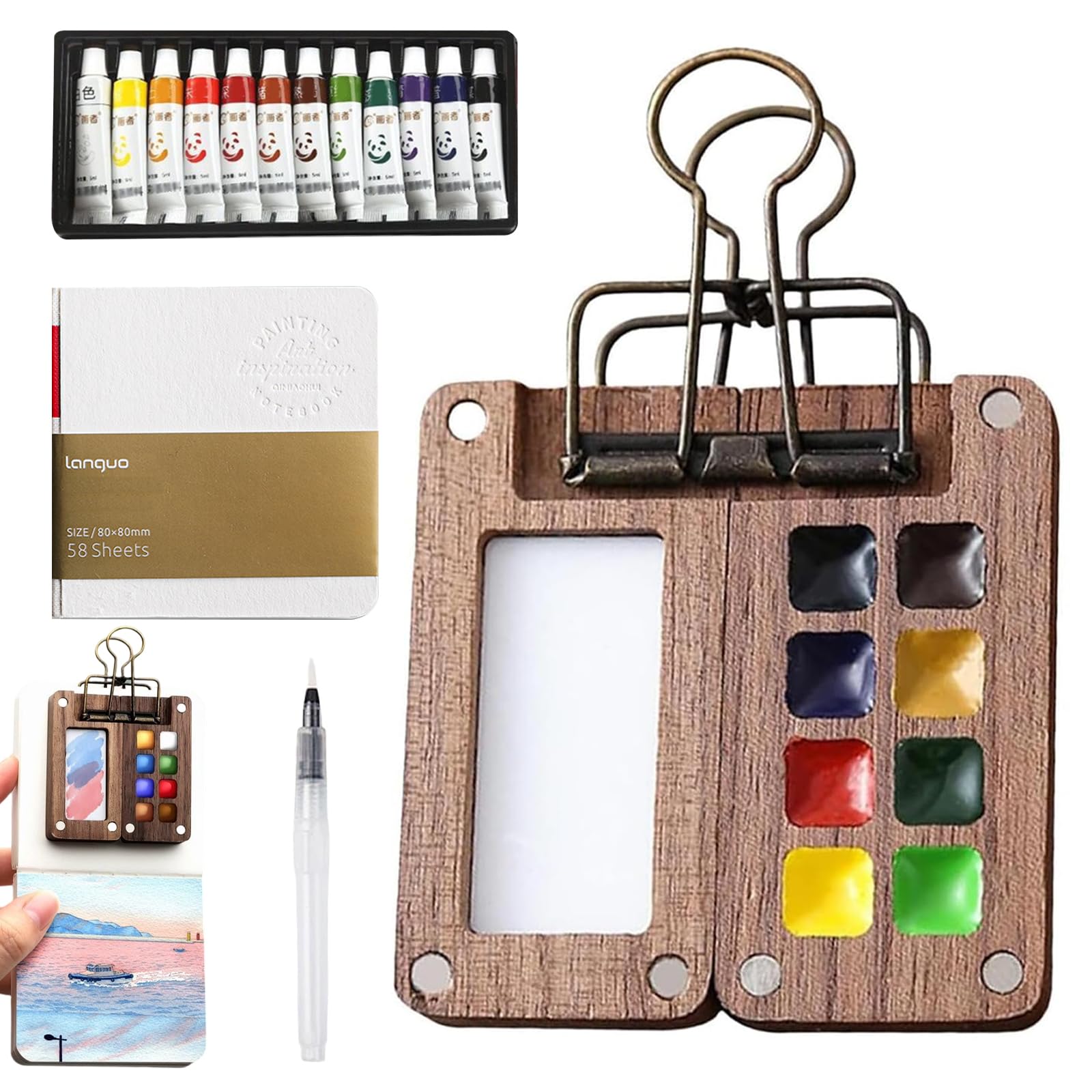Xumann Wooden Pocket Watercolor Palette – 8 Grid Travel Set with 12 Colors