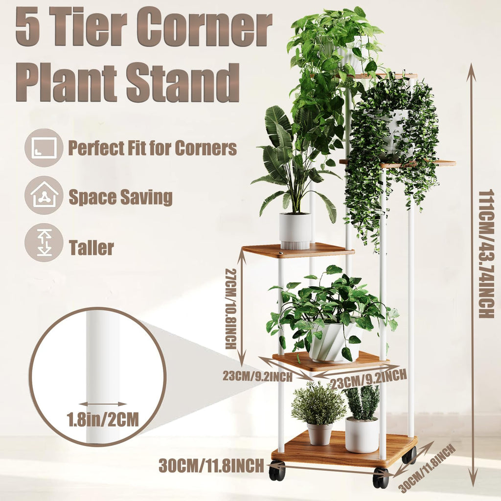 Jolof Store 5-Tier Wooden Plant Stand | Multi-Tier Flower Shelf with Wheels