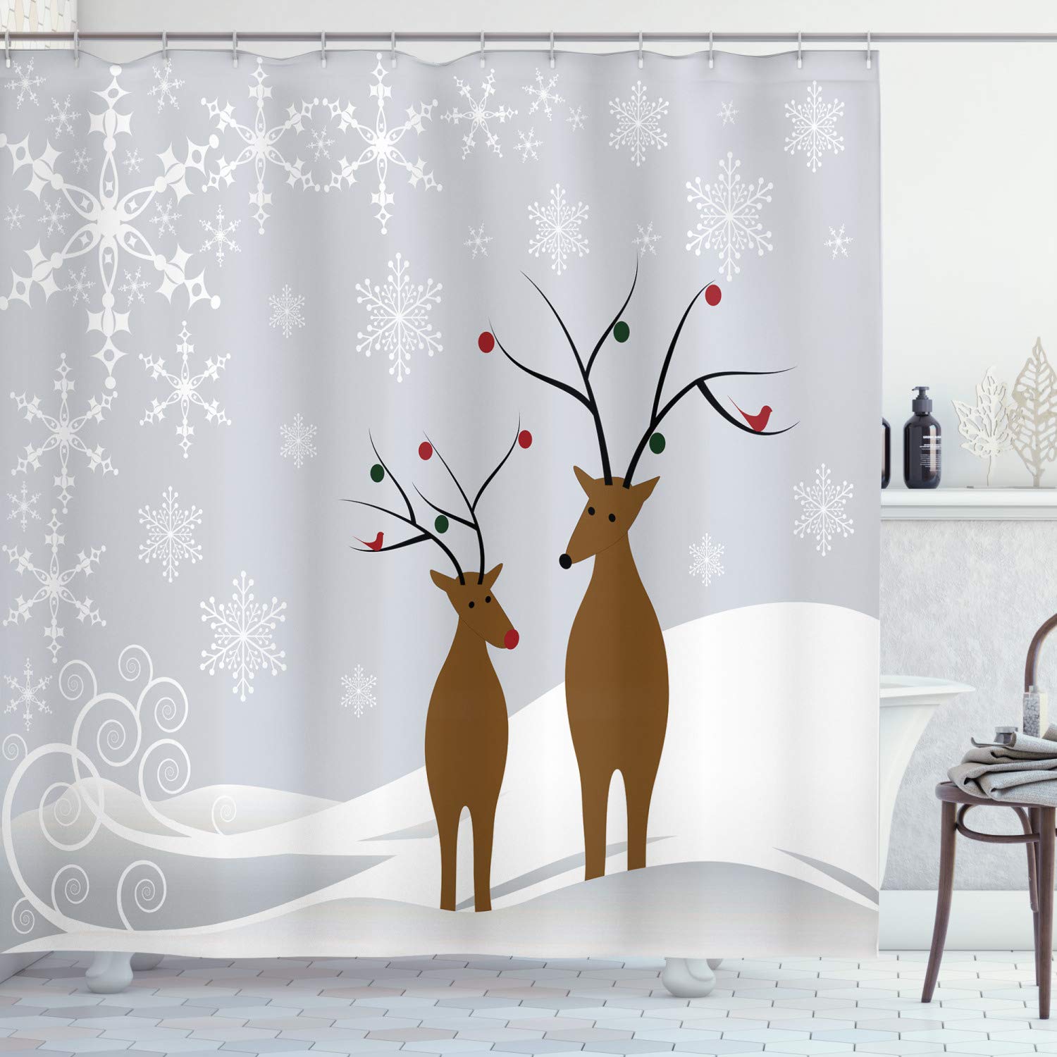 ABAKUHAUS Christmas Shower Curtain | Reindeer Winter Fabric Decor with Hooks