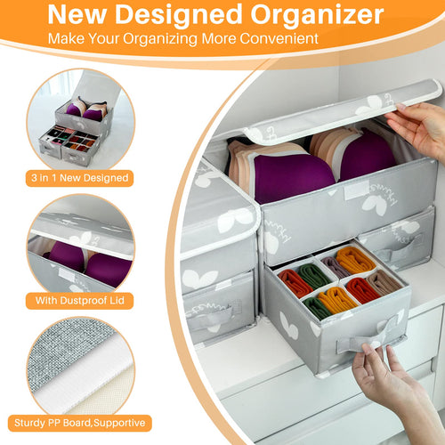 EASEVE Sock Underwear Drawer Organiser with Lid - Wardrobe Clothes Storage Boxes with Dividers, Foldable Fabric Closet Organizer for Bra, Sock, Shirt - image 2