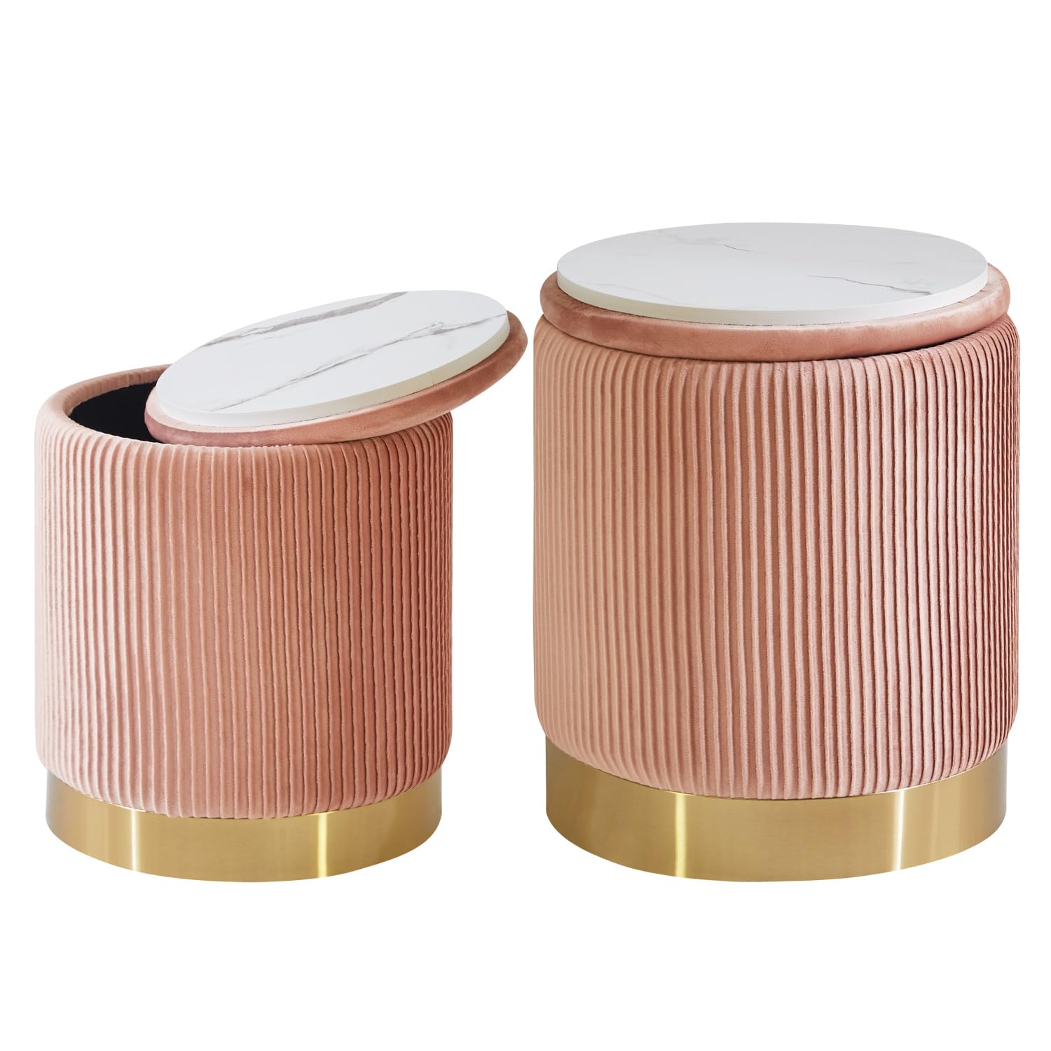IBUYKE Set of 2 Round Velvet Storage Ottomans | Modern Vanity Stool - Pink
