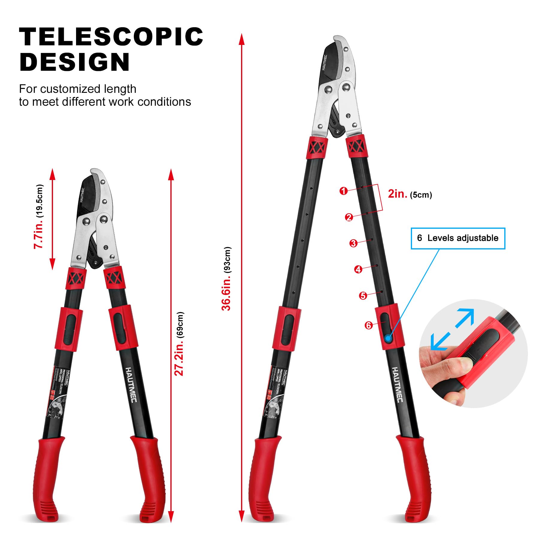 HAUTMEC Extendable Anvil Loppers – 27-37" Heavy Duty Tree Trimmer