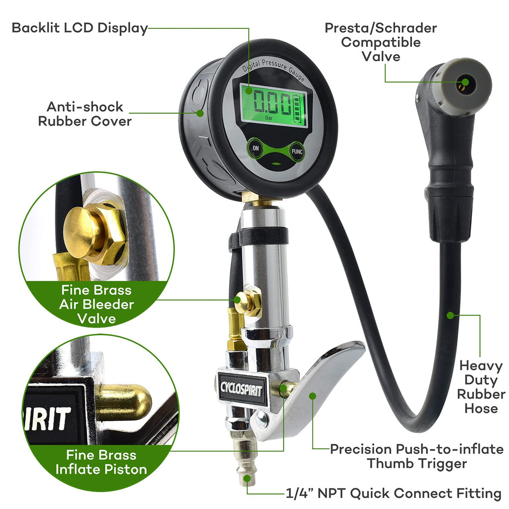 CycloSpirit Digital Tire Inflator Gauge for Presta and Schrader Valves