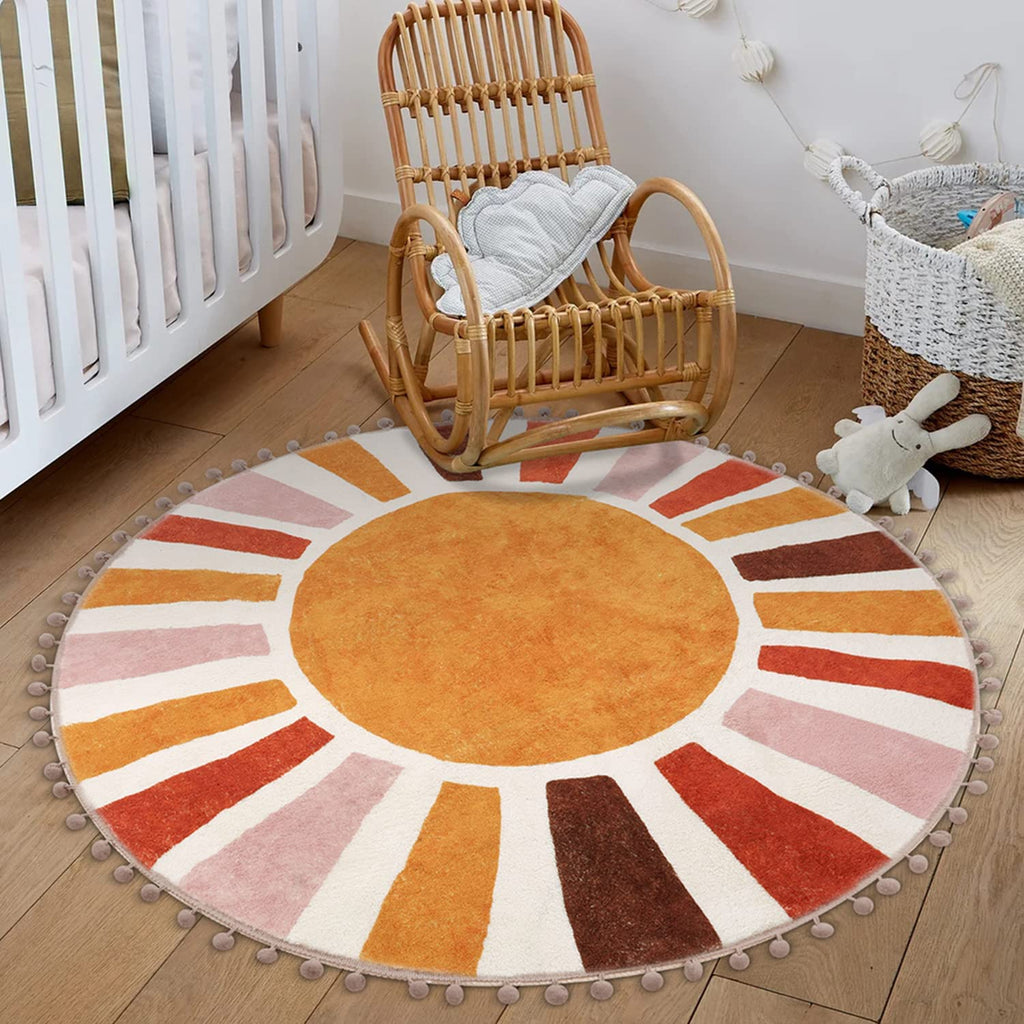 KIMODE Retro Sun Round Area Rug | 120cm Washable Non-Slip Boho Rug