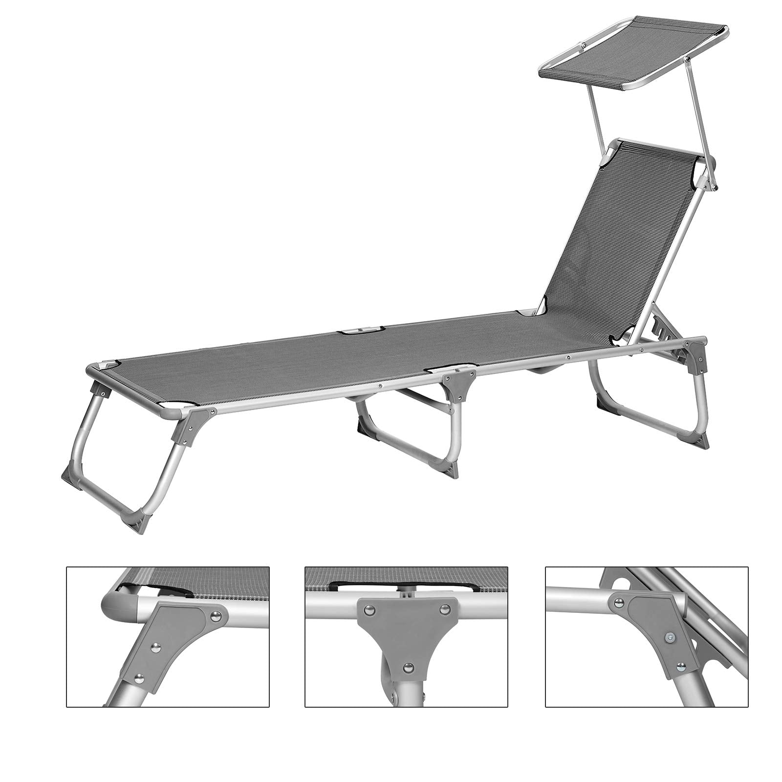 SONGMICS Foldable Sun Lounger | Adjustable Sunbed with Sunshade - Dark Grey