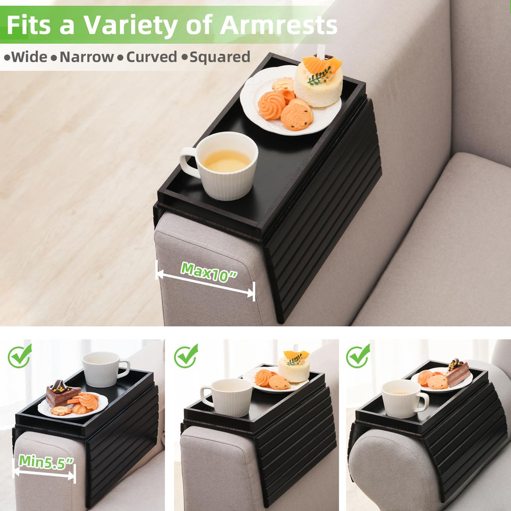 GEHE Bamboo Sofa Arm Tray – Foldable Anti-Slip Couch Armrest Table, Black