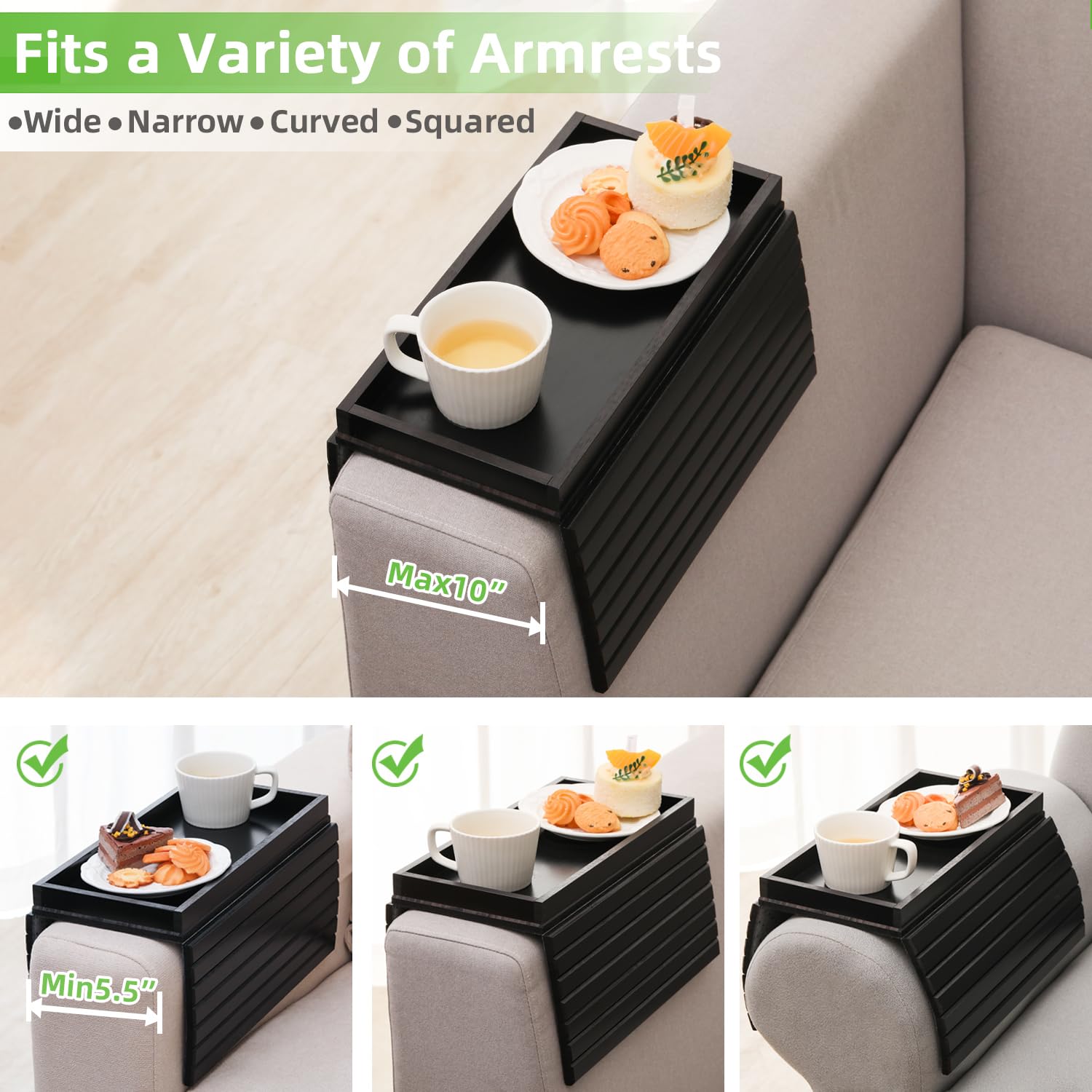 GEHE Bamboo Sofa Arm Tray – Foldable Anti-Slip Couch Armrest Table, Black