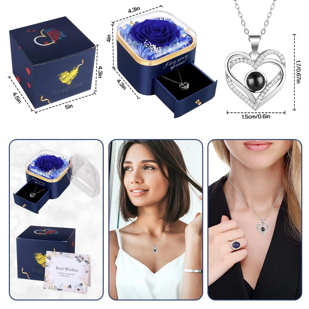 Firestyle Preserved Blue Real Rose with 100 Languages Love Necklace