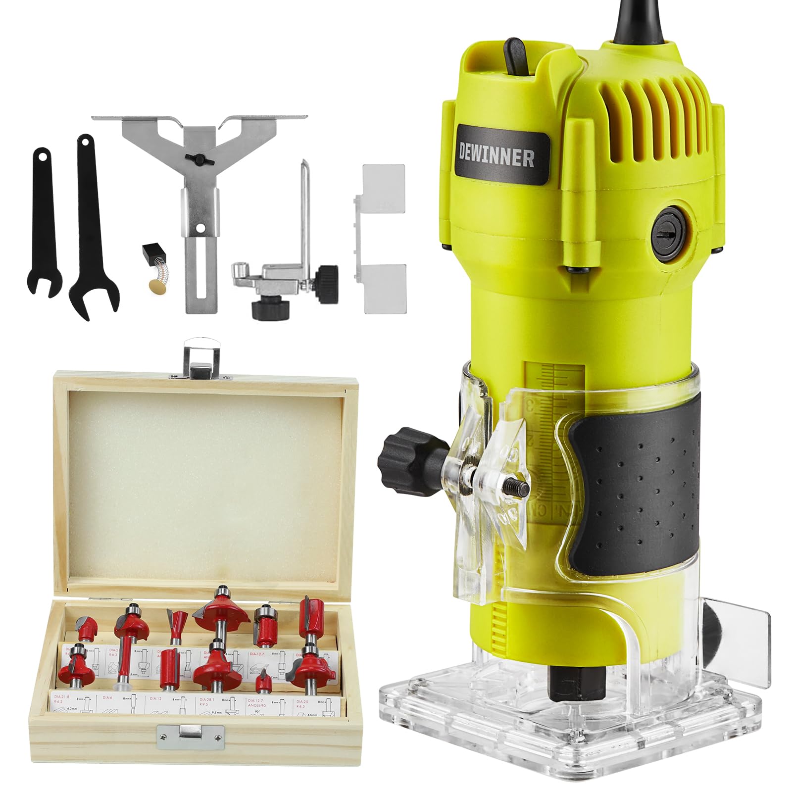DEWINNER Electric Palm Router – 1/4 Inch Wood Trimmer with 12pc Bit Set