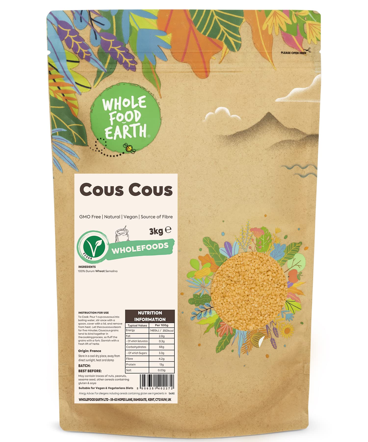 Wholefood Earth Giant Cous Cous – 3kg Natural Durum Wheat Semolina