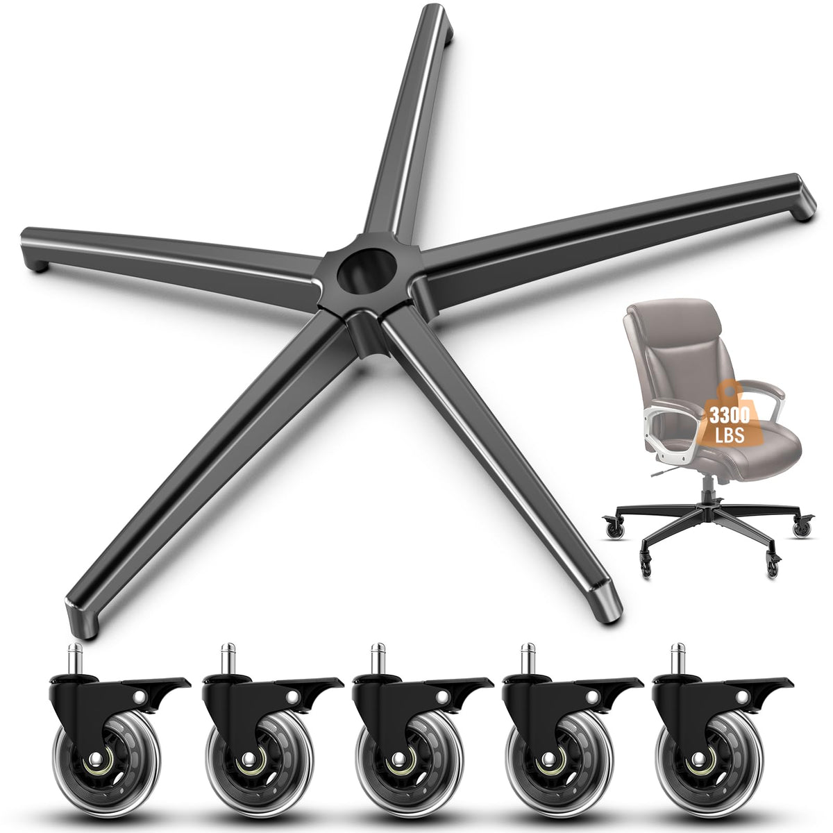 Office Chair Base Replacement PartsWith 5 Casters with Brakes3300 lbs - Heavy Alloy Office Chair Base Replacement, Universal Gas Cylinder
