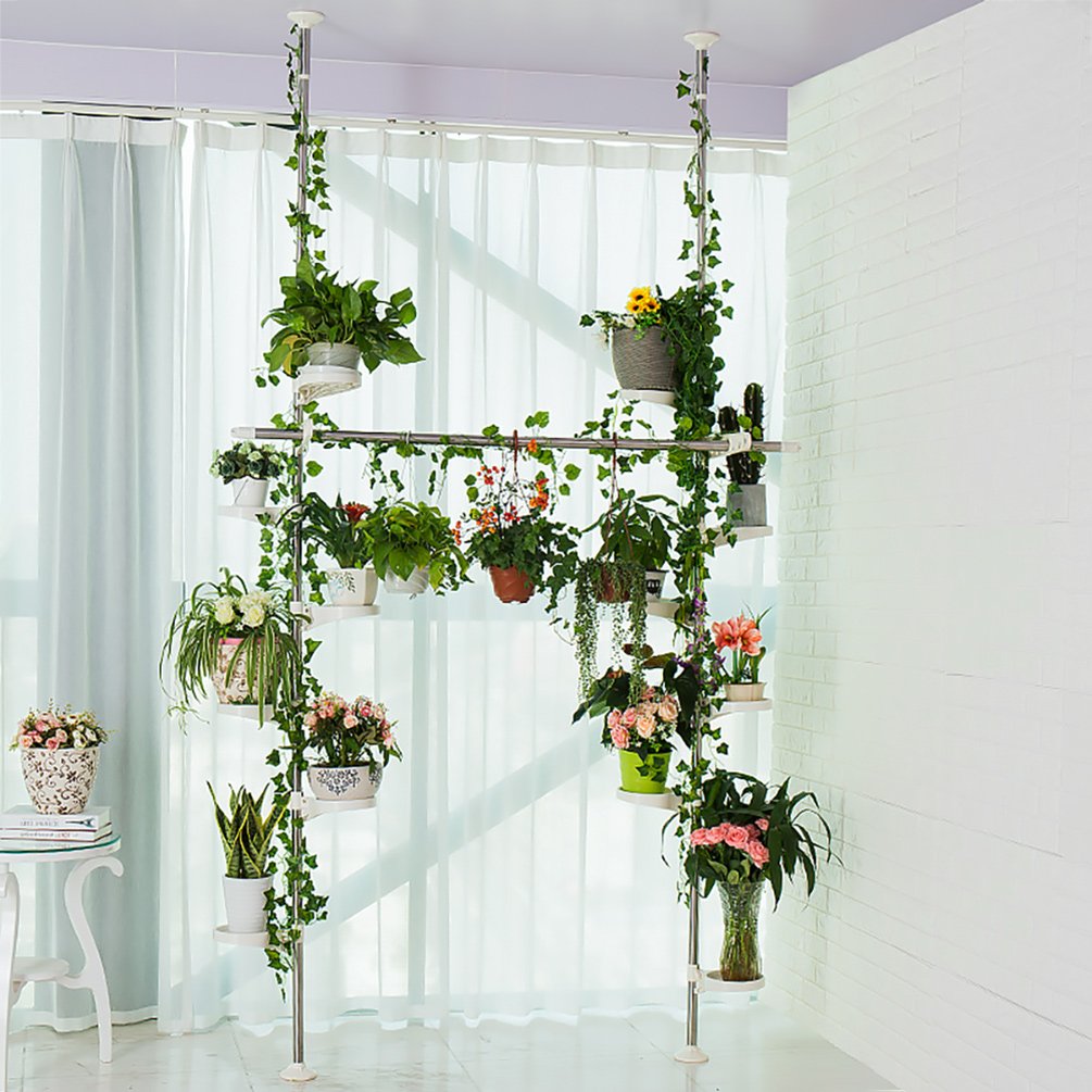 BAOYOUNI Tension Pole Plant Stand | 12-Tray Metal Corner Flower Rack