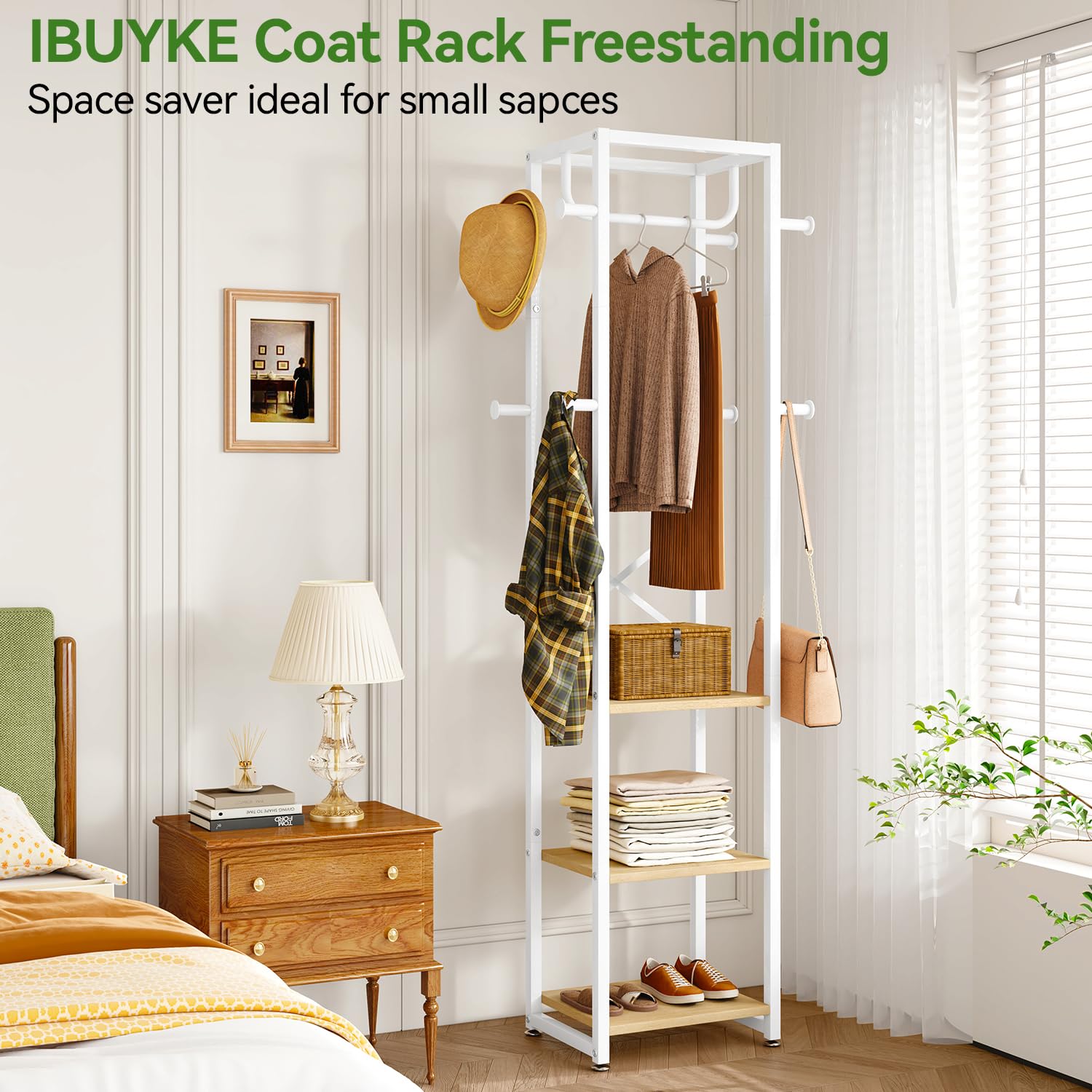 IBUYKE Industrial Coat Rack – Freestanding Hall Tree with 3 Shelves & 8 Hooks