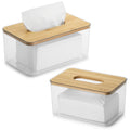 QIWODE Tissue Box Holder Set of 2 | Plastic & Bamboo Rectangle Cover