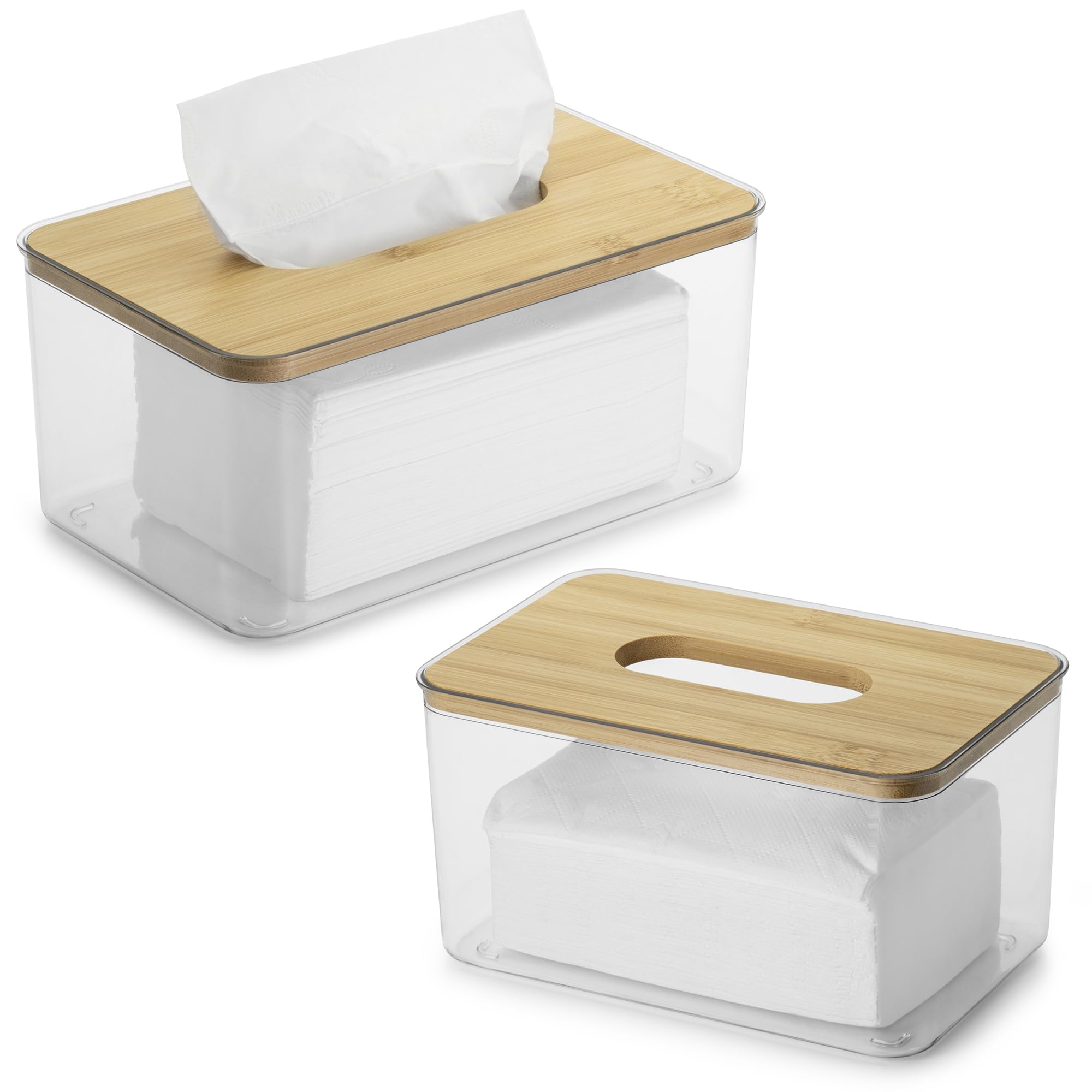 QIWODE Tissue Box Holder Set of 2 | Plastic & Bamboo Rectangle Cover
