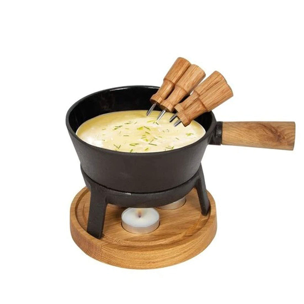 Boska Fondue Set Pro S – Cast Iron Cheese Fondue with Oak Base & Forks