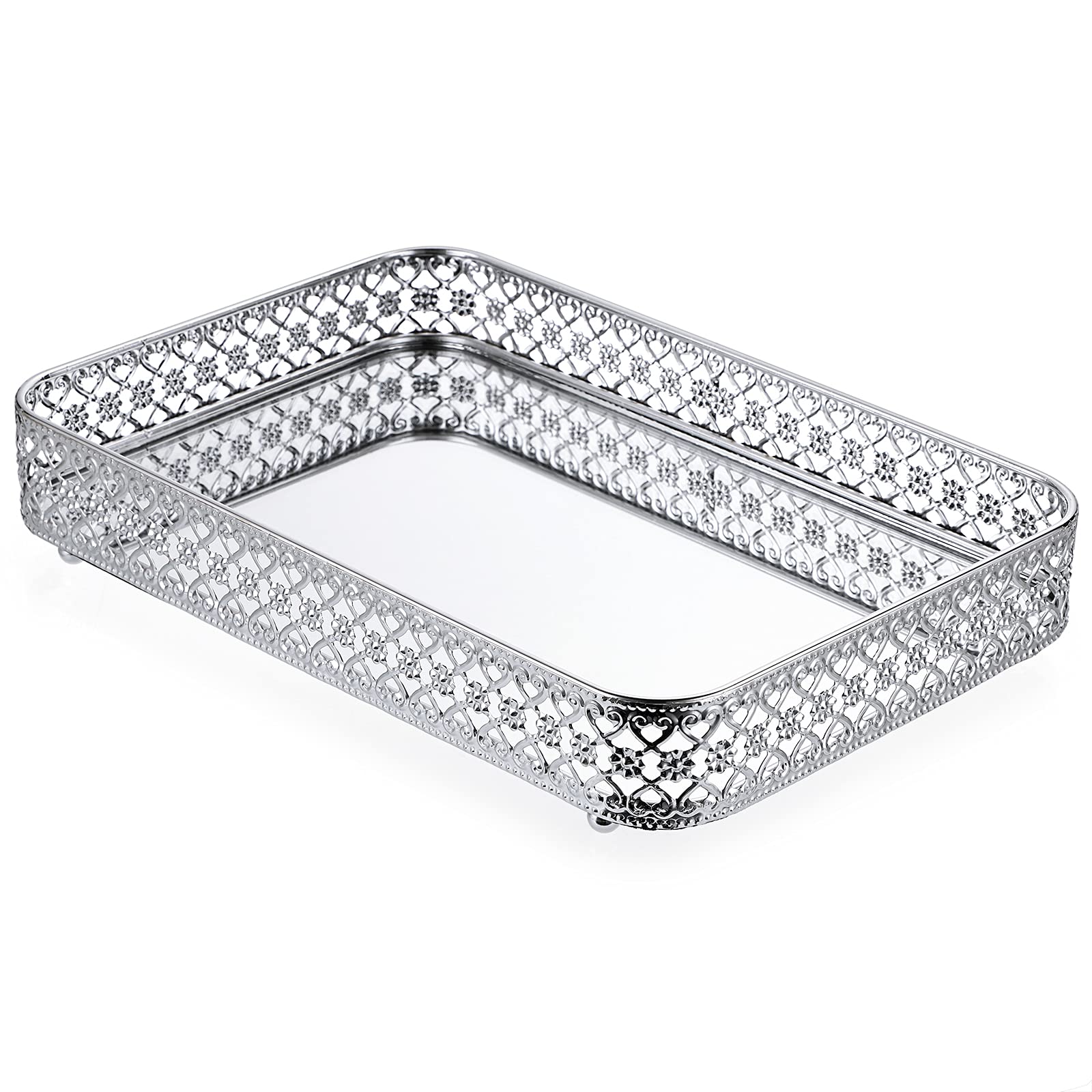 BSTKEY Silver Mirror Vanity Tray – 30x20cm Metal Jewelry & Makeup Organizer