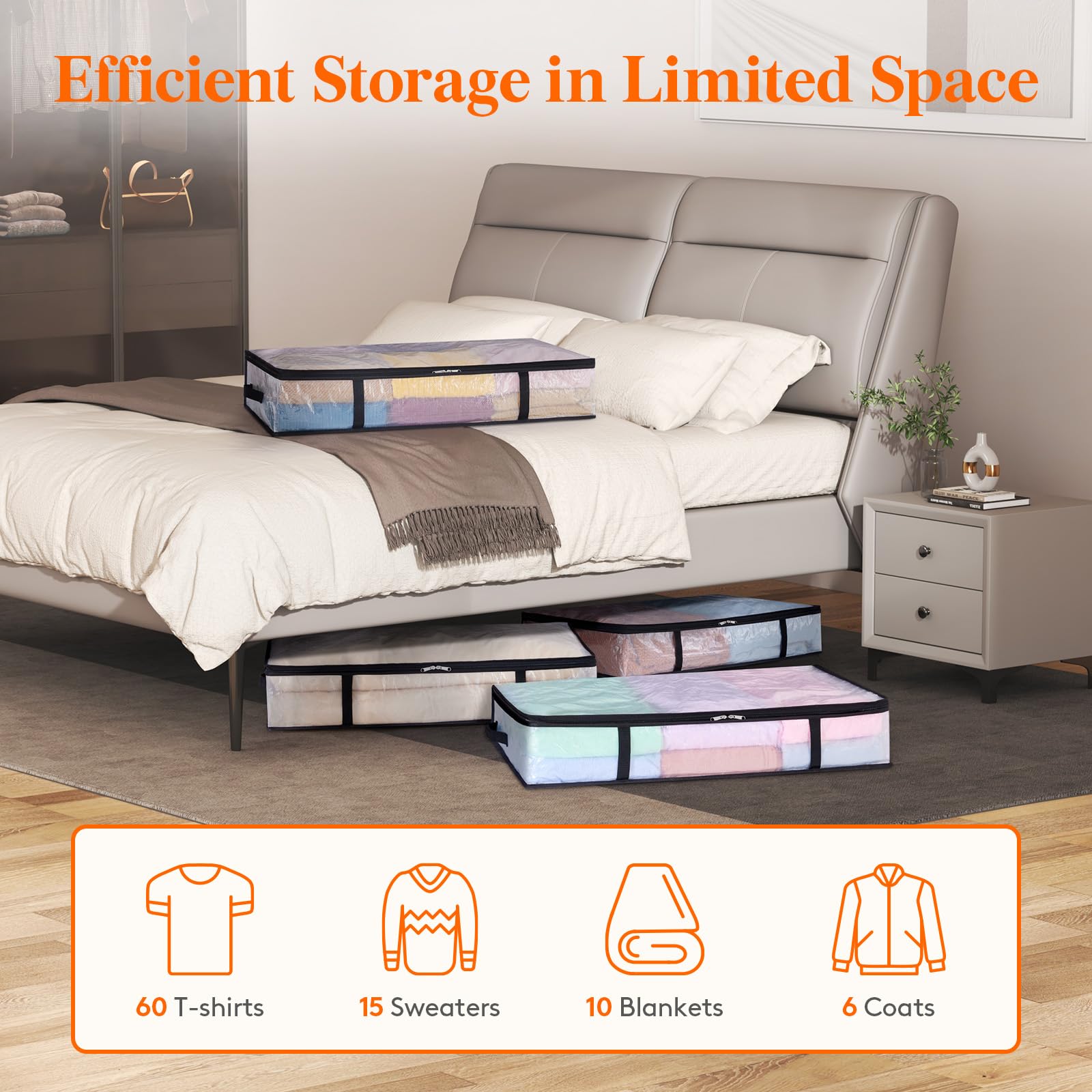 Lifewit 6-Pack Under Bed Storage Bags – 60L Clear Plastic Clothes Organizer