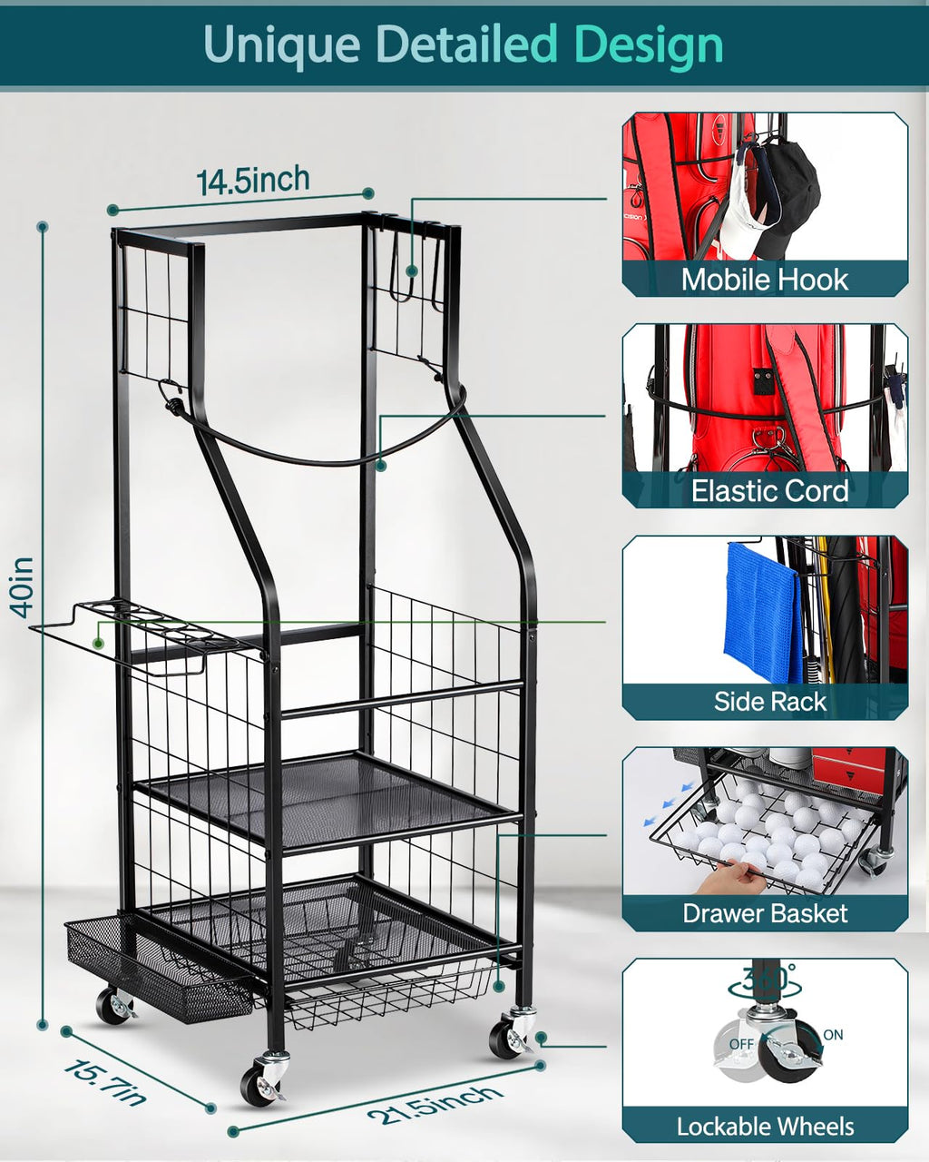 Rolling Golf Bag Storage Rack – 3-Tier Steel Garage Organizer