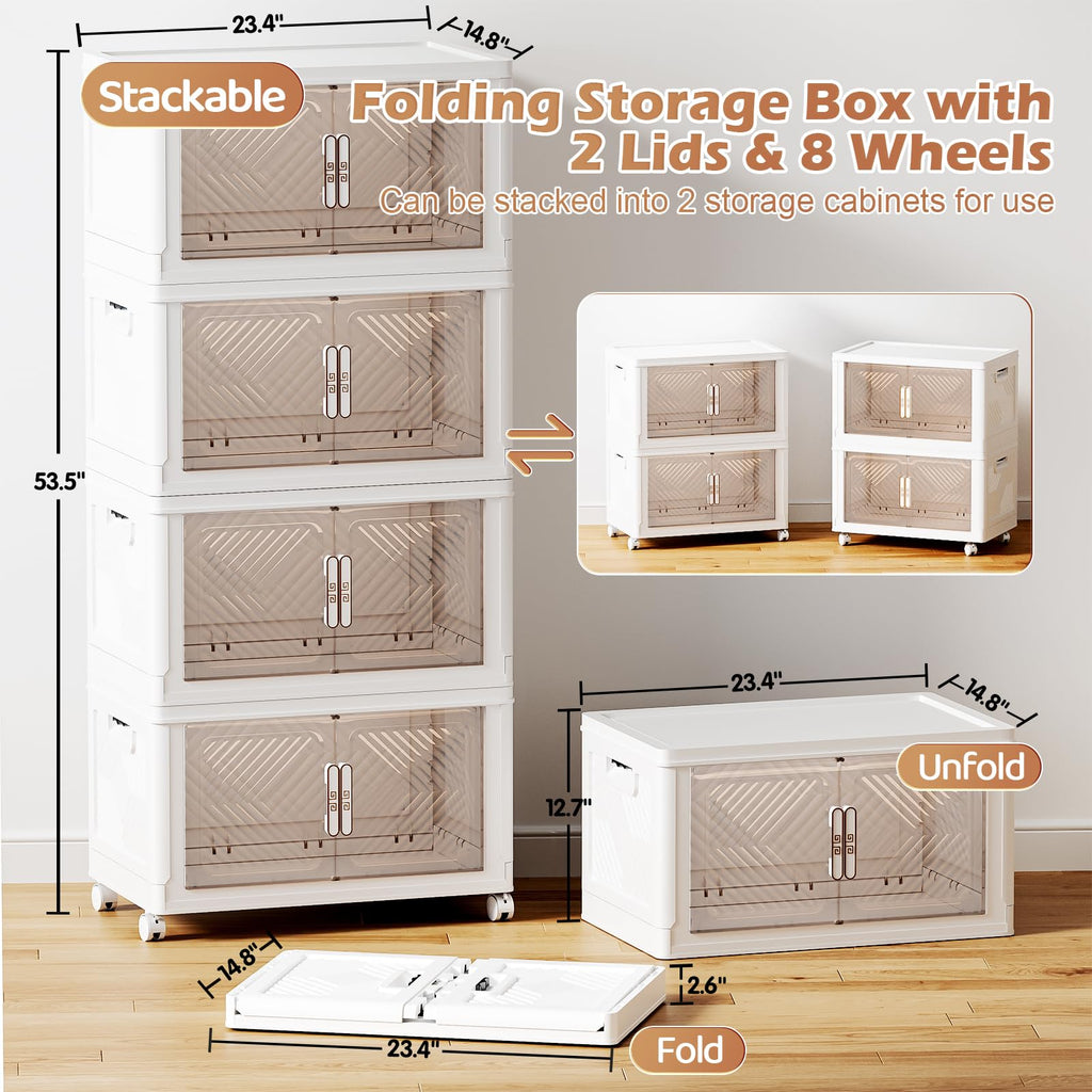 Pioncrey 4-Pack Stackable Storage Boxes | 70L Collapsible Bins with Wheels