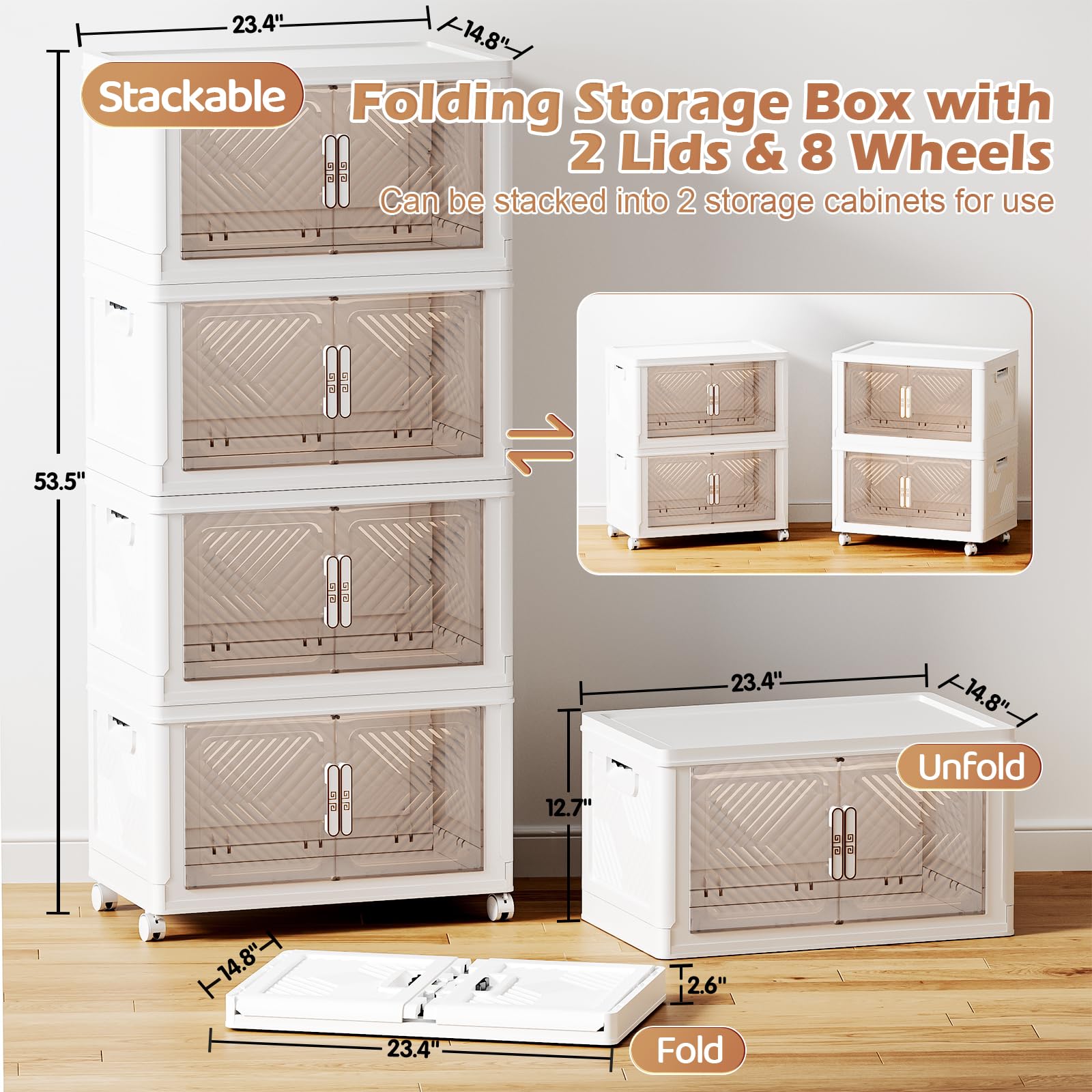Pioncrey 4-Pack Stackable Storage Boxes | 70L Collapsible Bins with Wheels