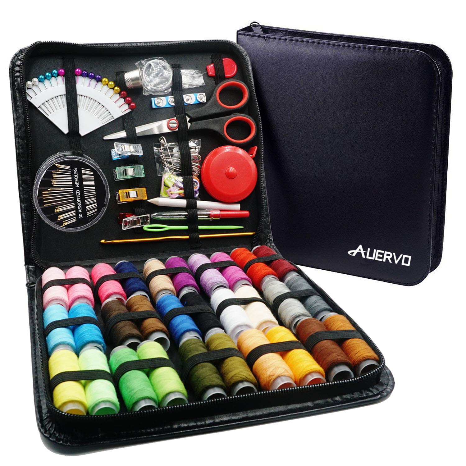 AUERVO 116-Piece Sewing Kit with PU Case – 30 XL Thread Spools for Travel