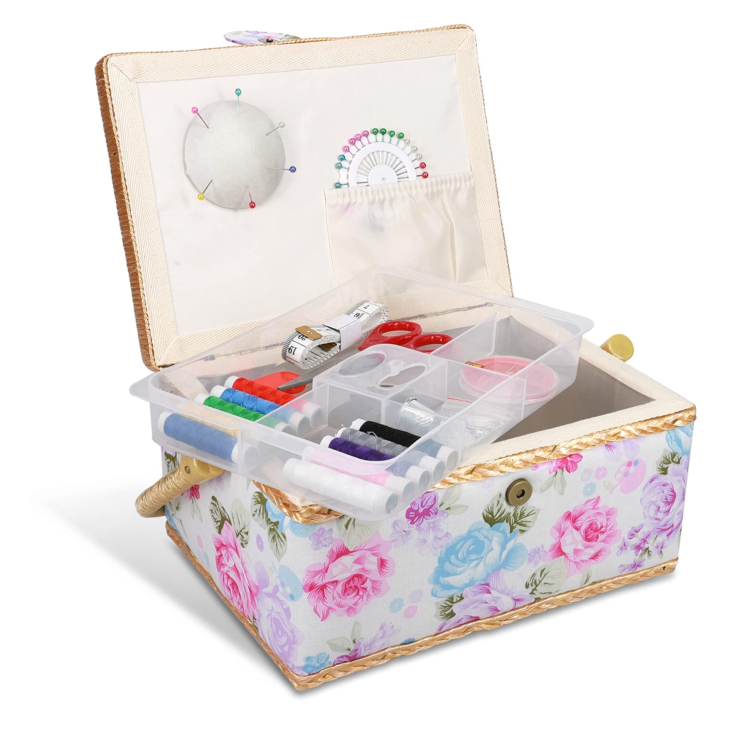 Navaris Sewing Basket with 76pc Kit – Rose Design Storage Box
