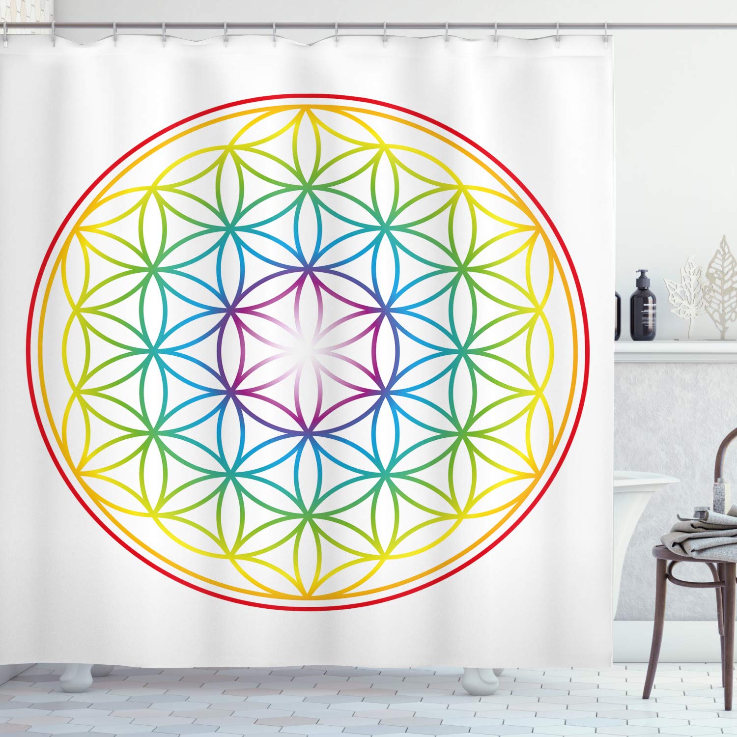 ABAKUHAUS Flower of Life Shower Curtain – Waterproof Fabric Bathroom Decor