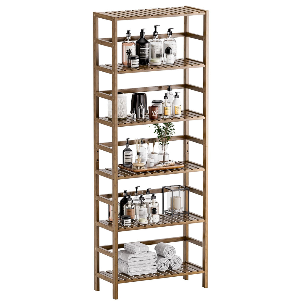 HITNET 6-Tier Bamboo Bookshelf | Adjustable Tall Storage Display Stand, Walnut