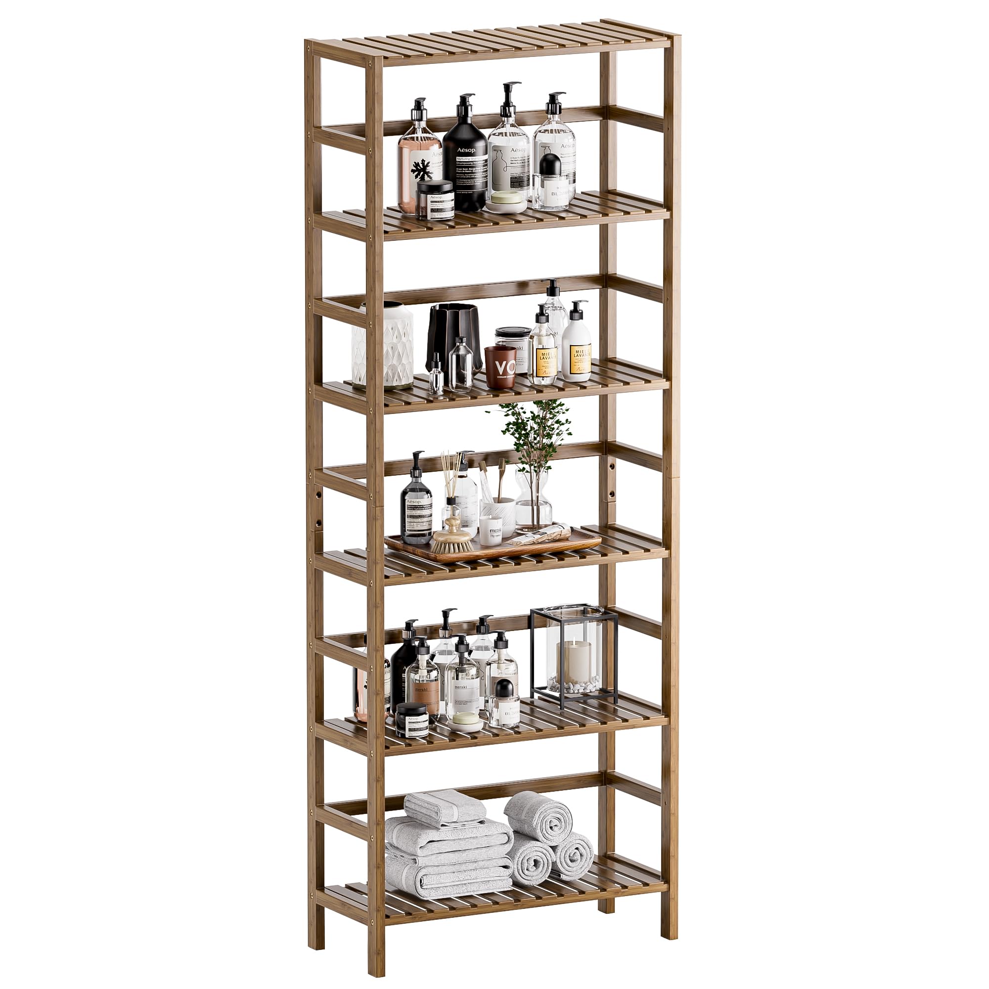 HITNET 6-Tier Bamboo Bookshelf | Adjustable Tall Storage Display Stand, Walnut