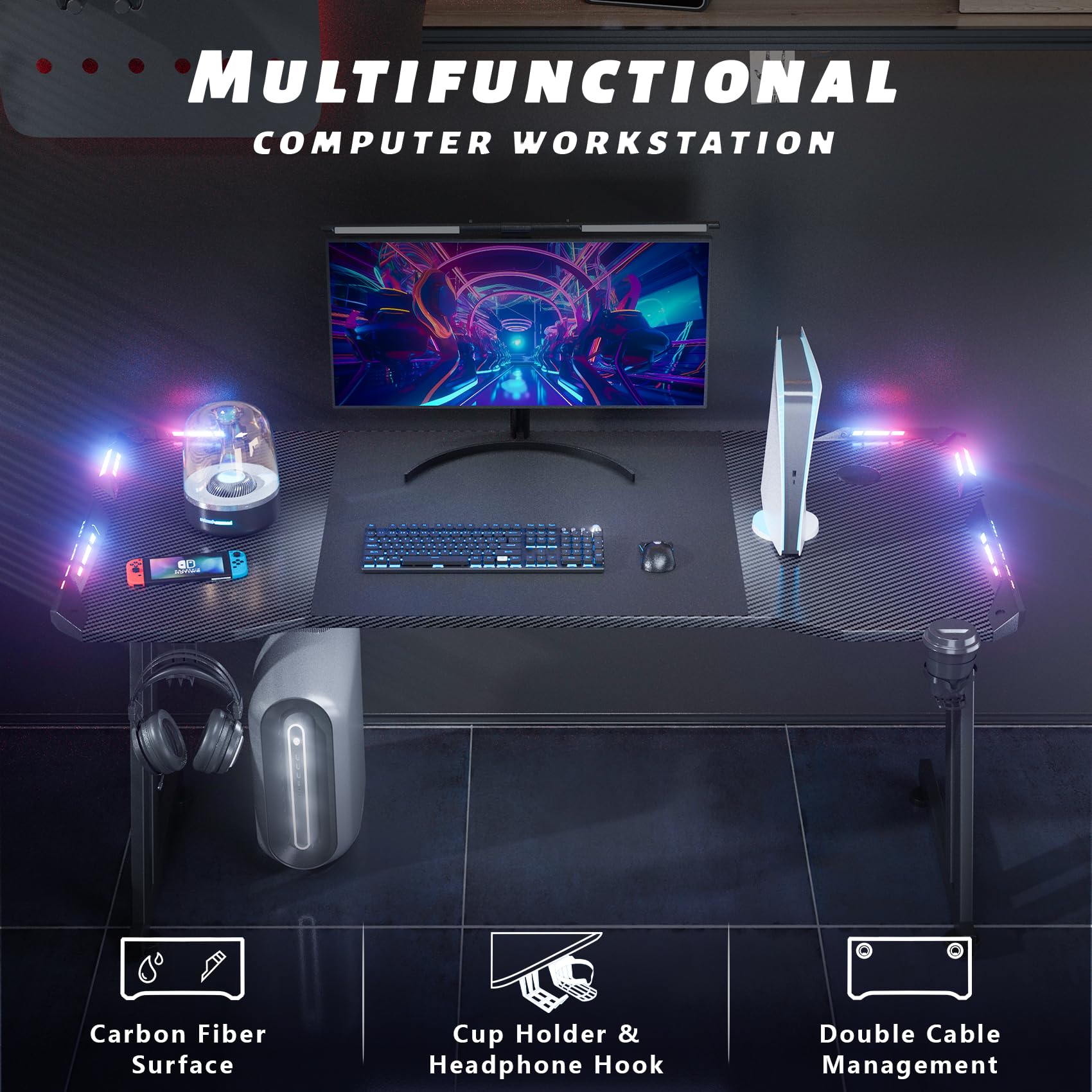 DLONGONE 160cm RGB Gaming Desk – Carbon Fiber PC Table with Cup Holder
