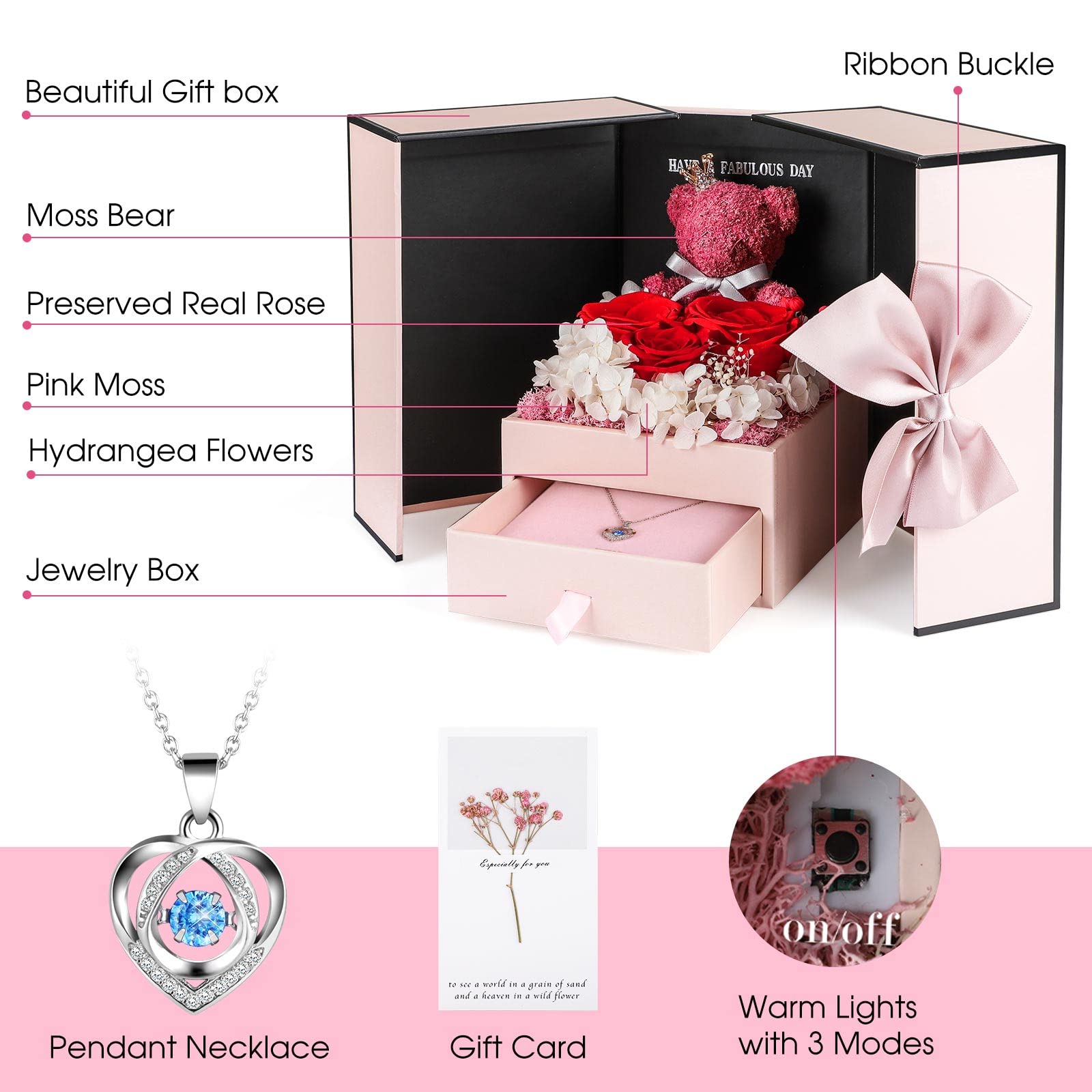 ADDWel Preserved Roses with 925 Sterling Silver Necklace & Moss Bear