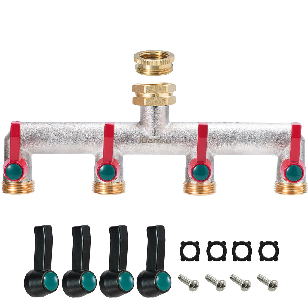 iBamso 4-Way Brass Garden Hose Splitter | 3/4 Inch Heavy Duty Tap Adapter
