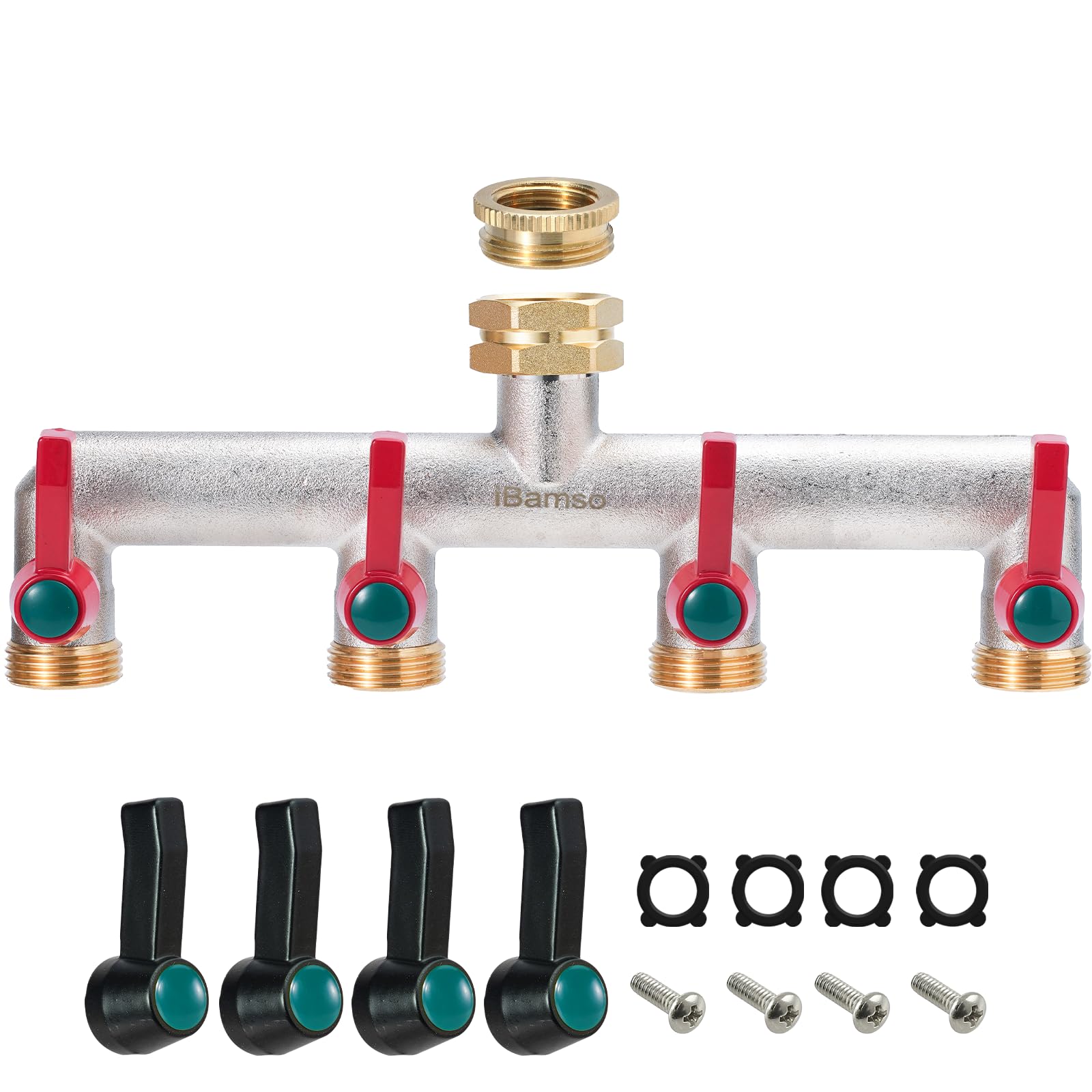 iBamso 4-Way Brass Garden Hose Splitter | 3/4 Inch Heavy Duty Tap Adapter