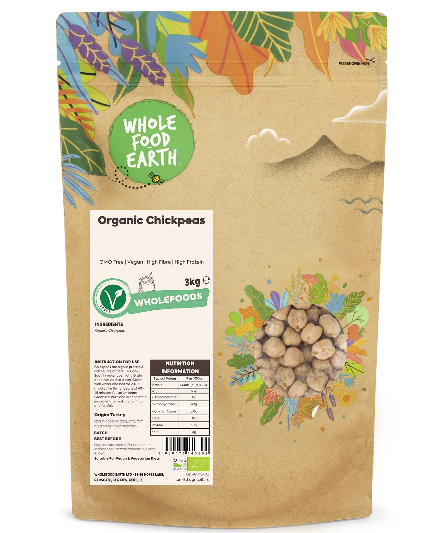 Wholefood Earth Organic Chickpeas – 3kg High Protein Vegan Legumes
