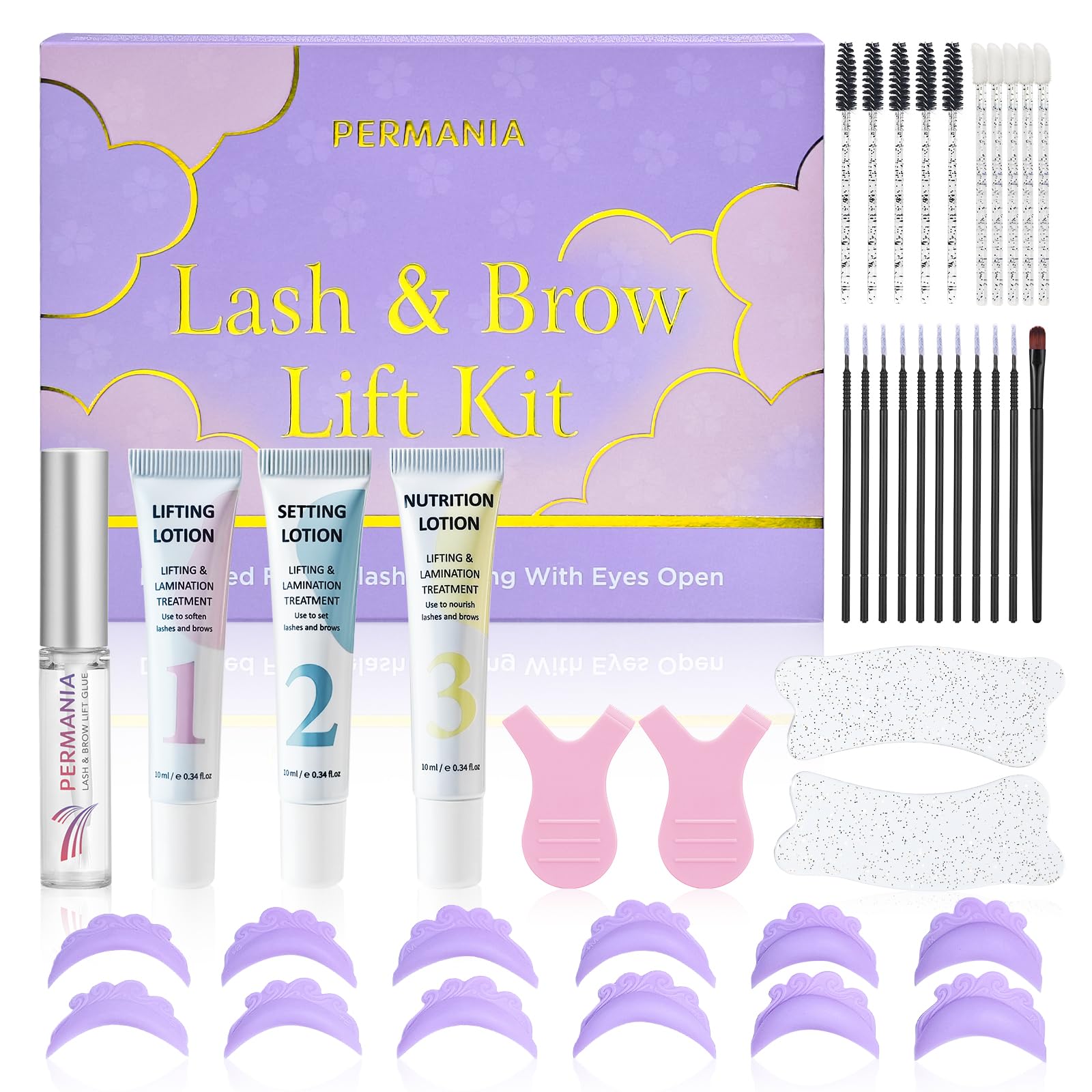 PERMANIA DIY Eyelash Lift & Brow Lamination Kit with Open-Eye Pads