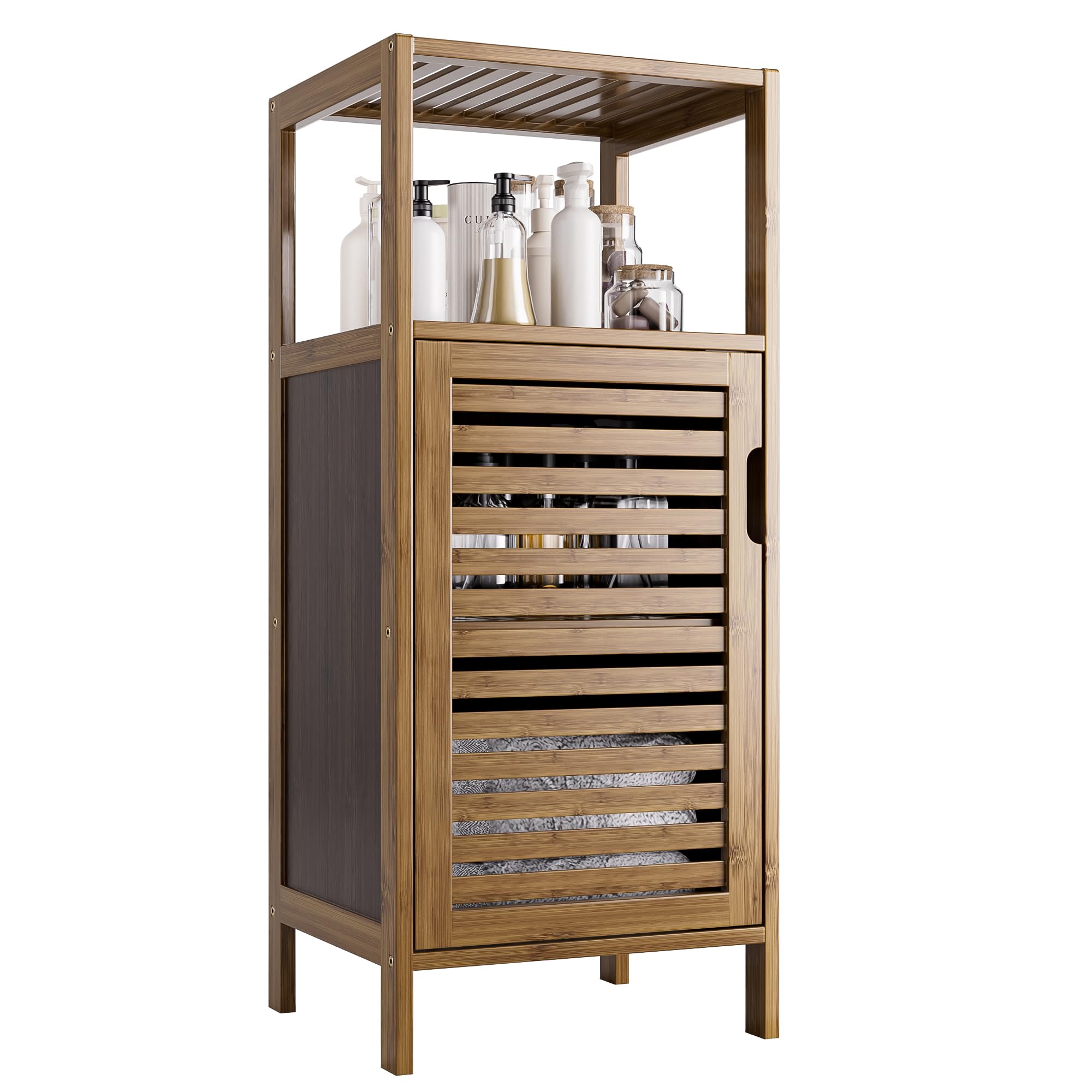 HITNET 4-Tier Bamboo Bathroom Floor Cabinet - Slim Storage Cupboard, Walnut