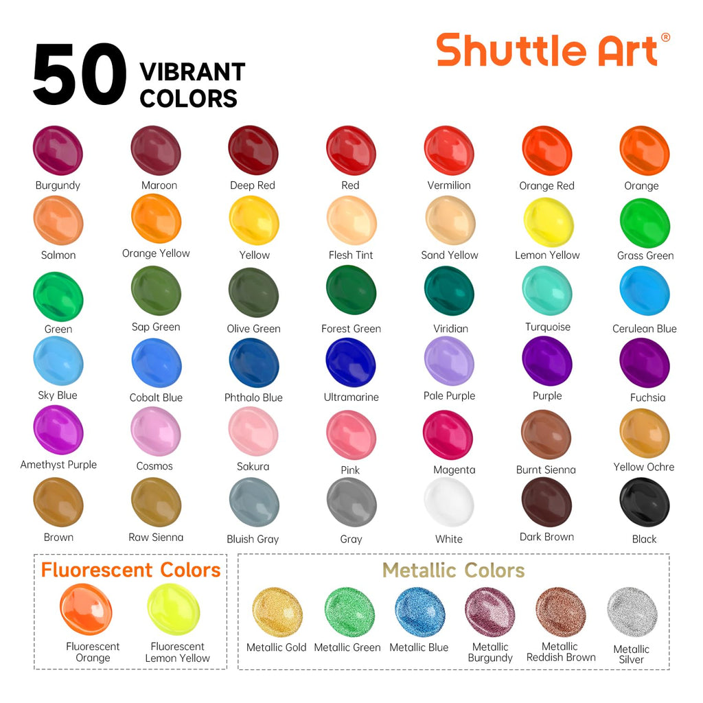 Shuttle Art Acrylic Paint Set - 50 Colors with 10 Brushes for Artists