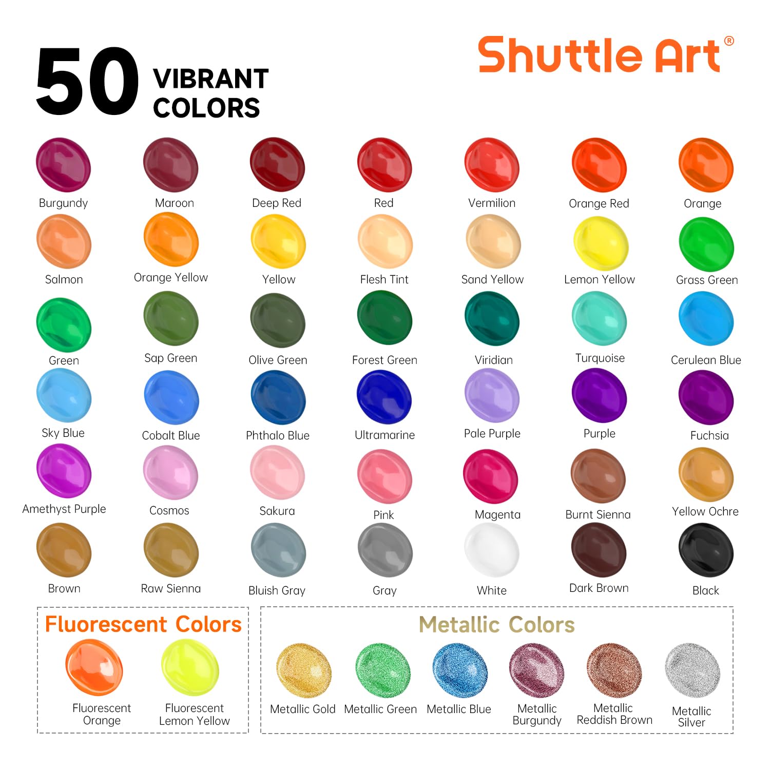 Shuttle Art Acrylic Paint Set - 50 Colors with 10 Brushes for Artists