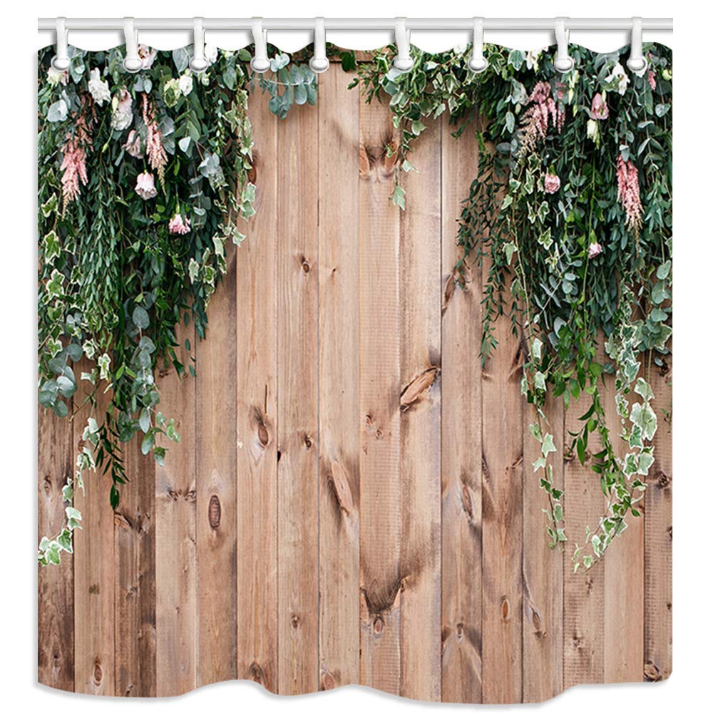 Jolof Store Wooden Fence Floral Shower Curtain – Waterproof Polyester