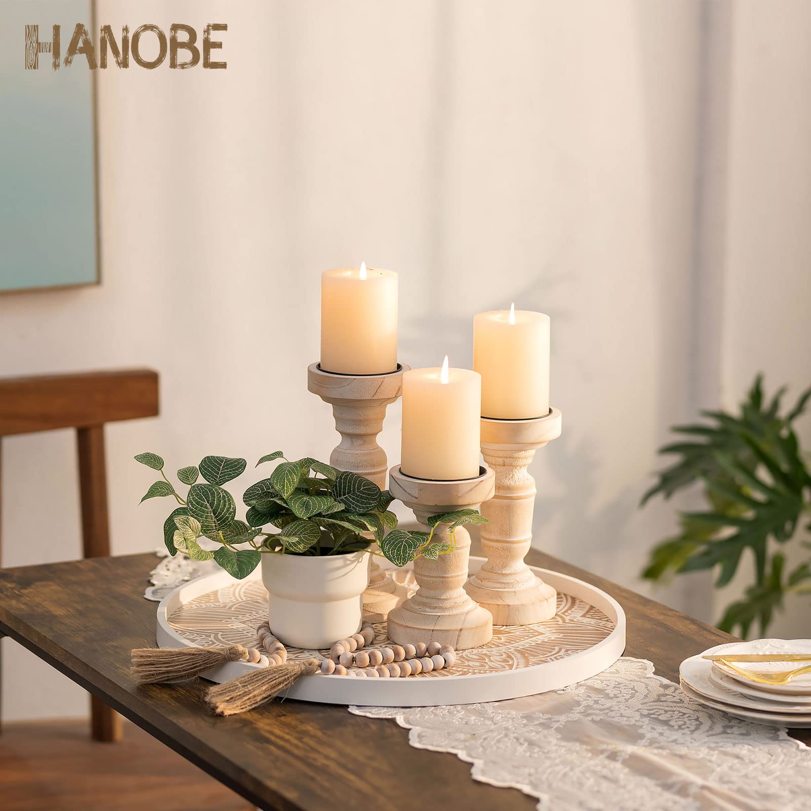 Hanobe 18" Round Wood Ottoman Tray – Rustic Floral Coffee Table Decor