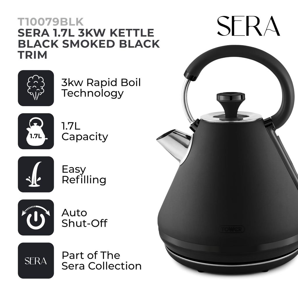 Tower Sera Pyramid Electric Kettle – 1.7L Rapid Boil, 3KW, Black