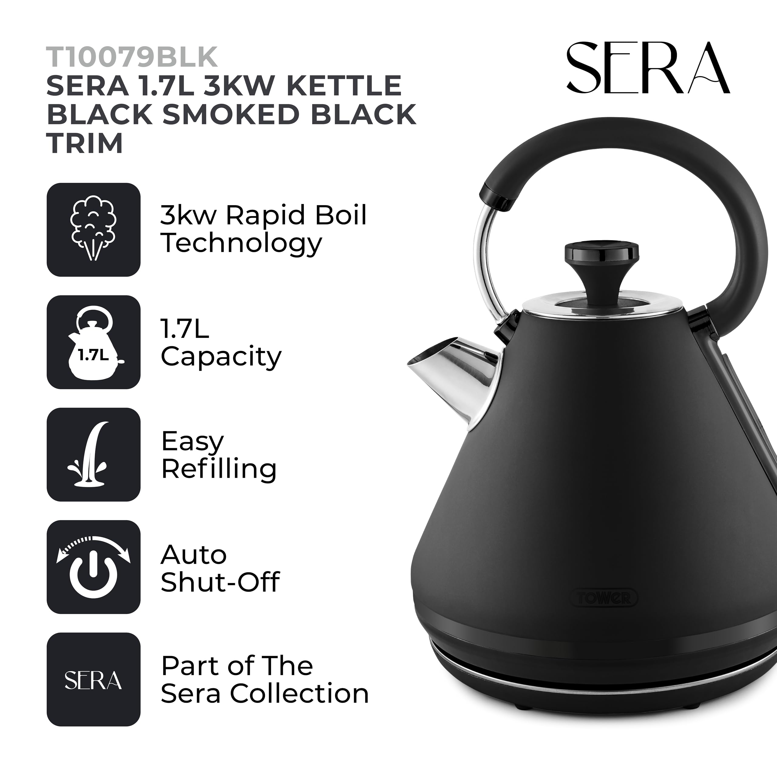 Tower Sera Pyramid Electric Kettle – 1.7L Rapid Boil, 3KW, Black