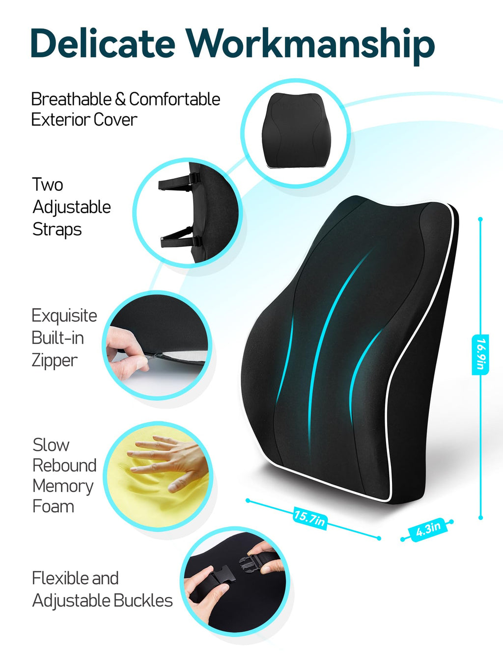 Travel Ease Memory Foam Lumbar Support Cushion for Office Chairs - Black